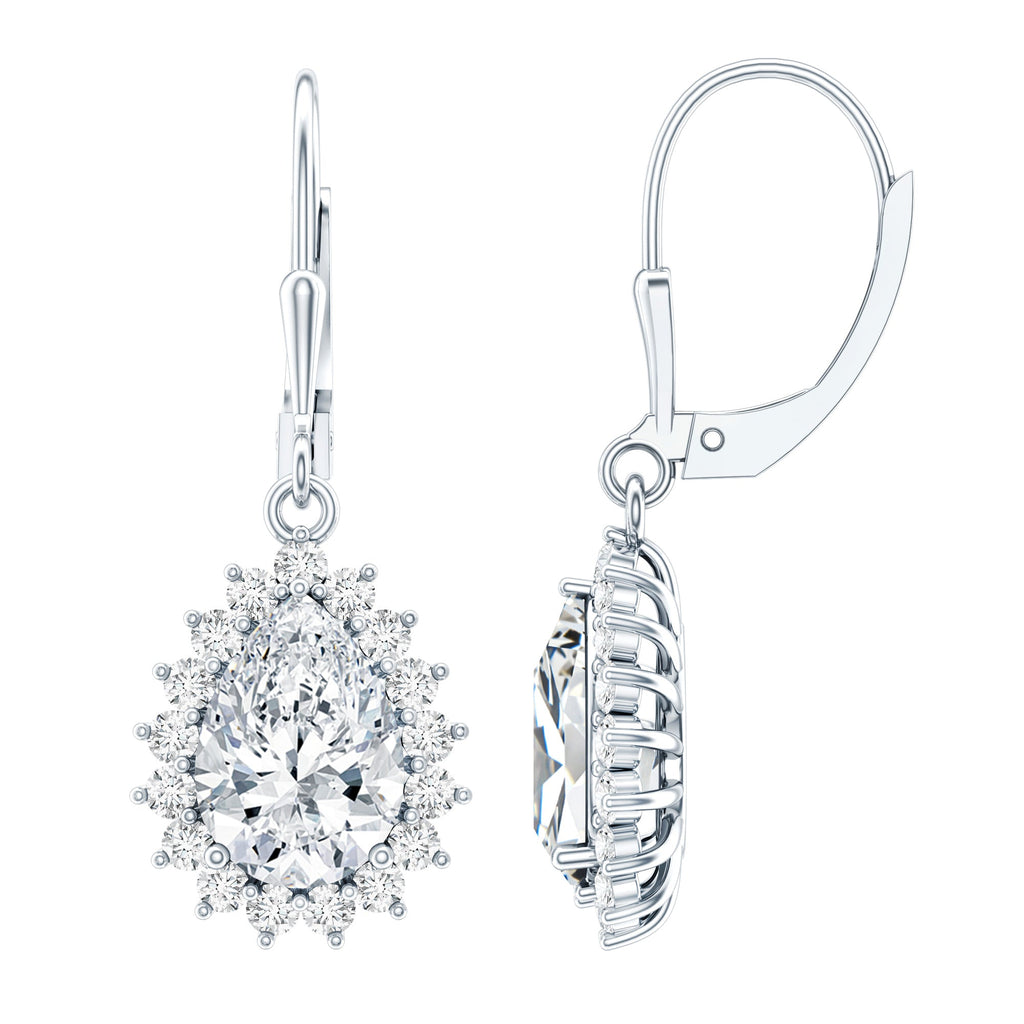 Moissanite Drop Earrings - 4 Carat Pear Shape Silver Dangle Earrings with Lever Back Closure