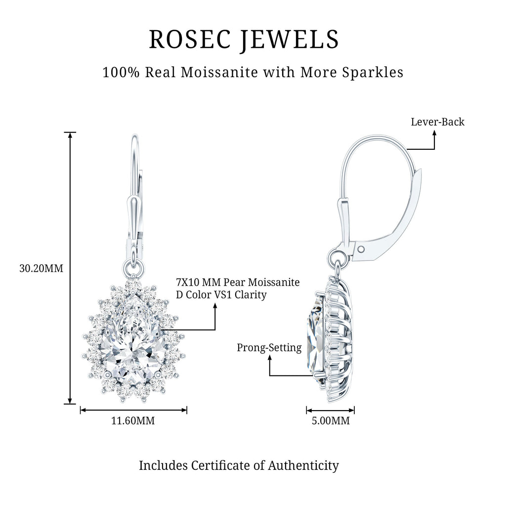 Moissanite Drop Earrings - 4 Carat Pear Shape Silver Dangle Earrings with Lever Back Closure