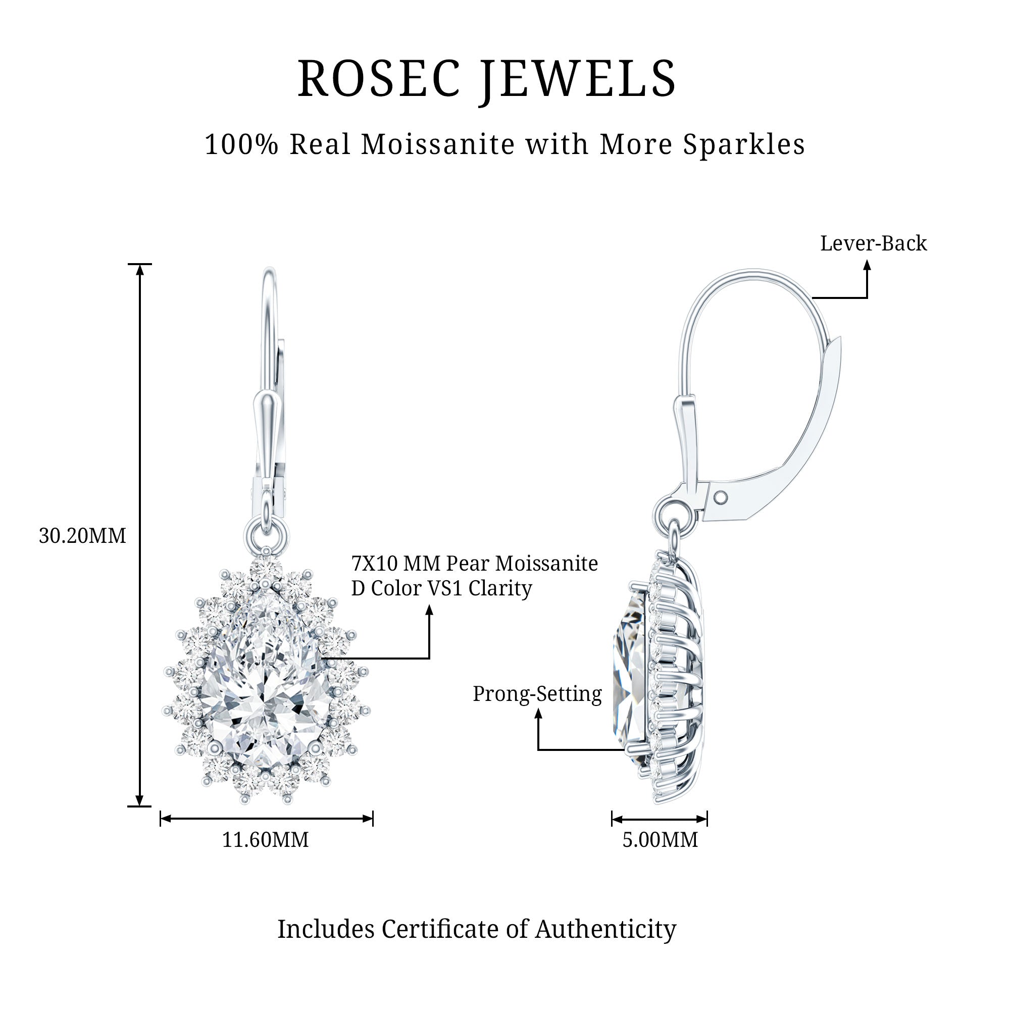 Moissanite Drop Earrings - 4 Carat Pear Shape Silver Dangle Earrings with Lever Back Closure