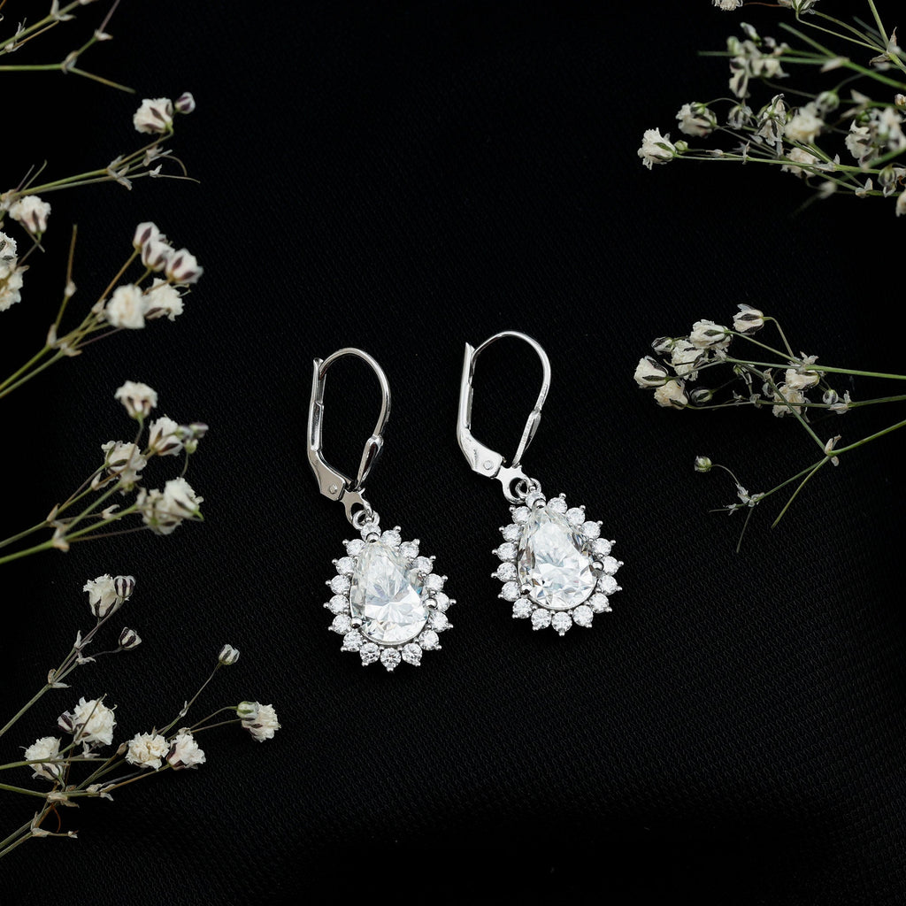 Moissanite Drop Earrings - 4 Carat Pear Shape Silver Dangle Earrings with Lever Back Closure