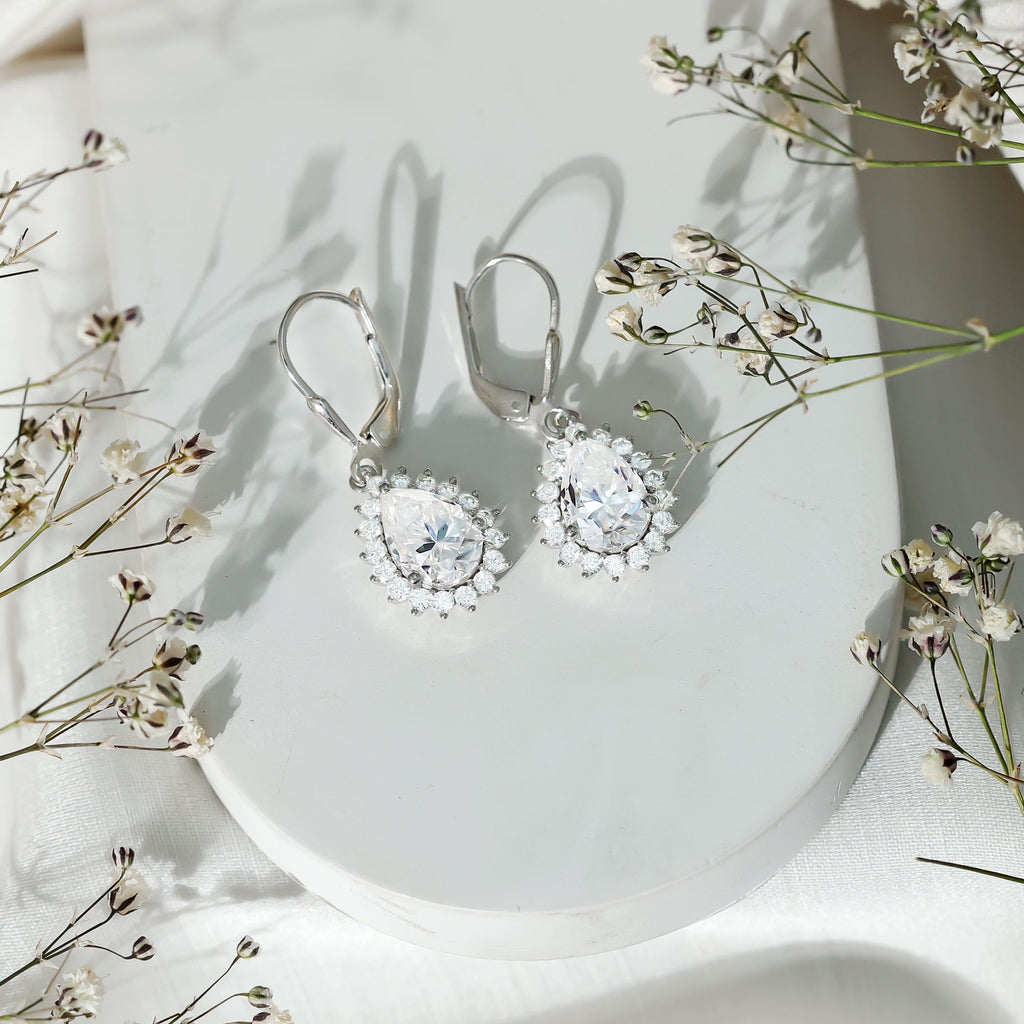 Moissanite Drop Earrings - 4 Carat Pear Shape Silver Dangle Earrings with Lever Back Closure