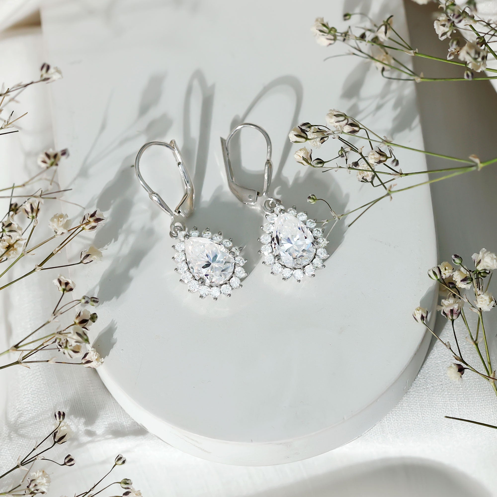 Moissanite Drop Earrings - 4 Carat Pear Shape Silver Dangle Earrings with Lever Back Closure