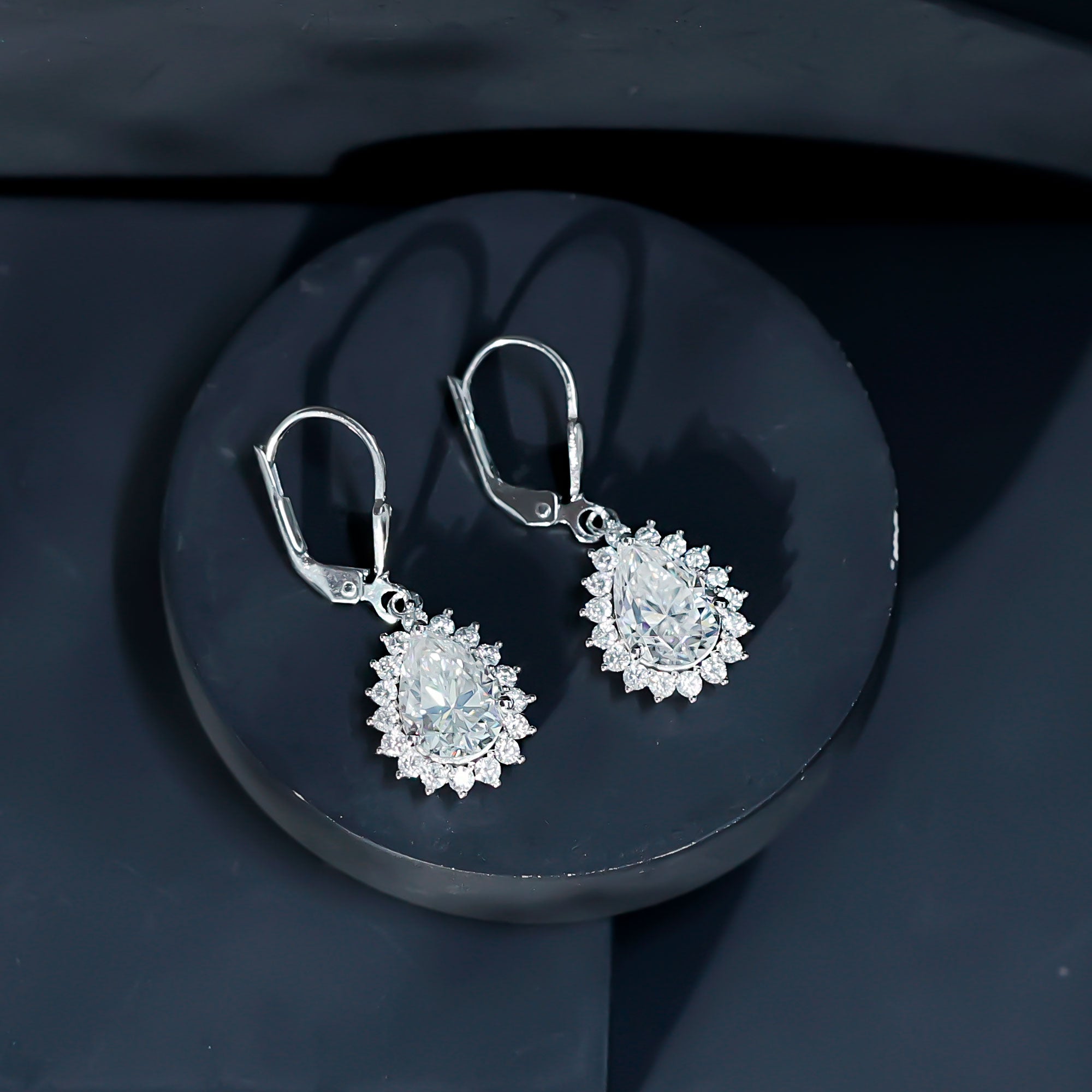 Moissanite Drop Earrings - 4 Carat Pear Shape Silver Dangle Earrings with Lever Back Closure