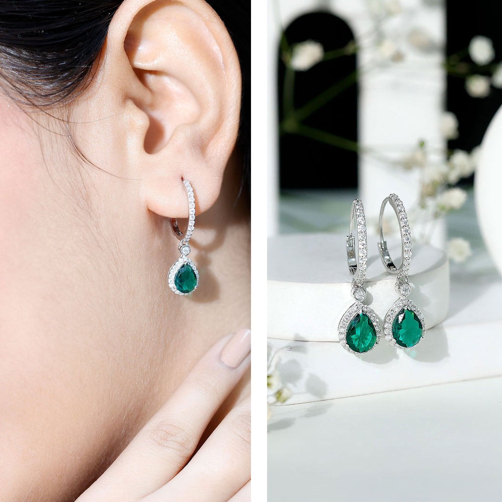 Emerald Hoop Earrings – Lab Grown Emerald Drop With Moissanite Halo Accent