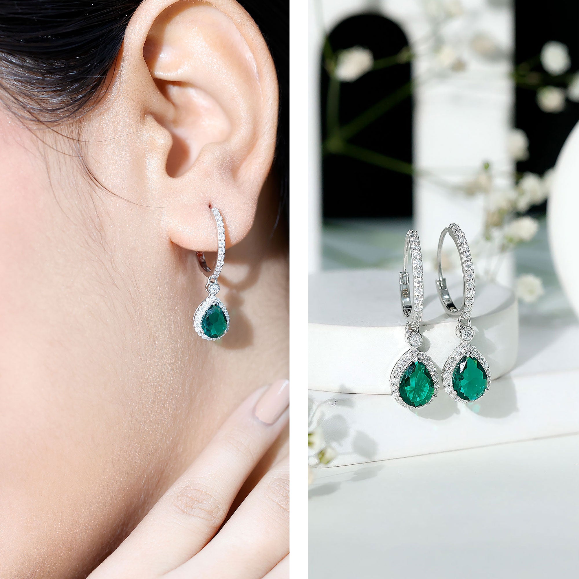 Emerald Hoop Earrings – Lab Grown Emerald Drop With Moissanite Halo Accent