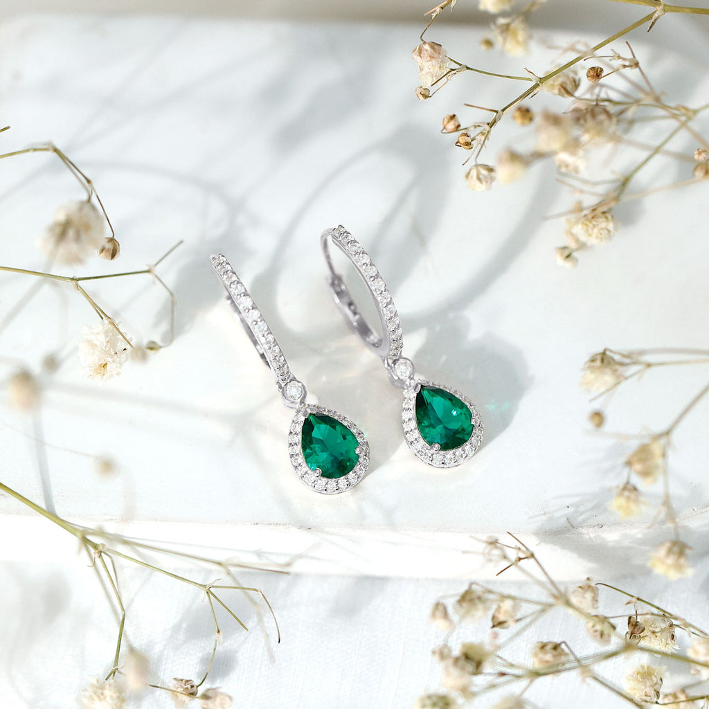 Emerald Hoop Earrings – Lab Grown Emerald Drop With Moissanite Halo Accent