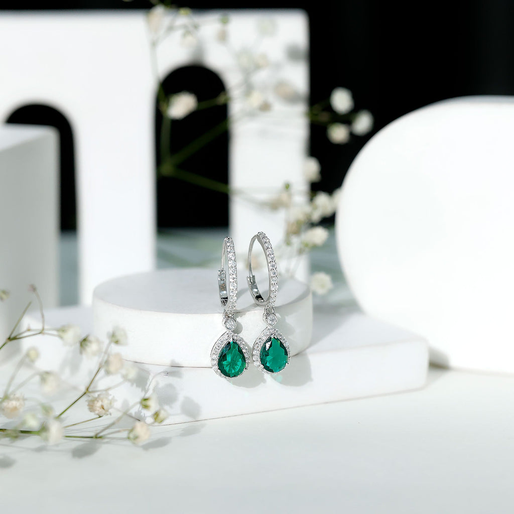 Emerald Hoop Earrings – Lab Grown Emerald Drop With Moissanite Halo Accent
