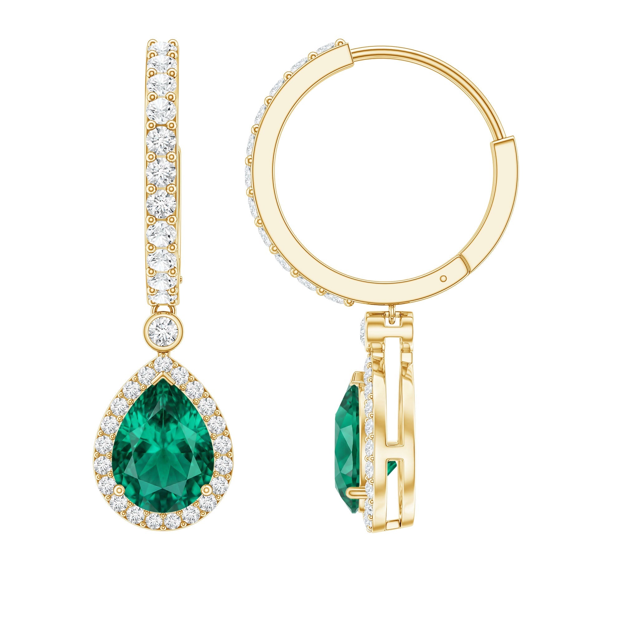 Emerald Hoop Earrings – Lab Grown Emerald Drop With Moissanite Halo Accent