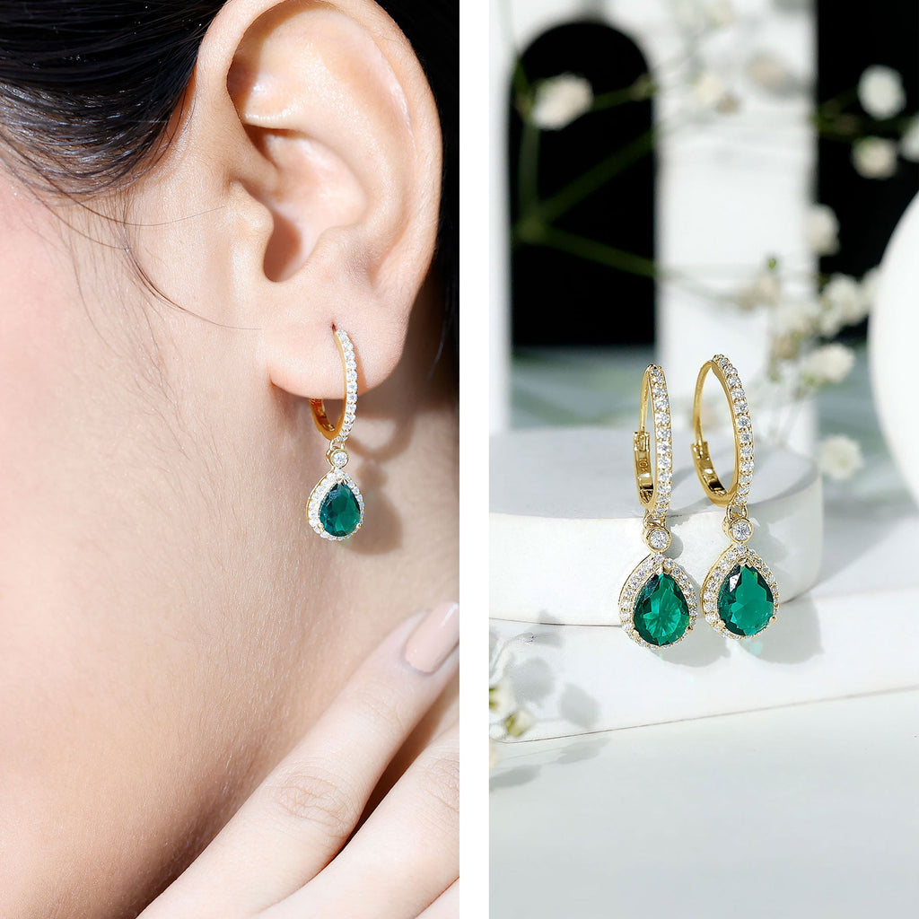Emerald Hoop Earrings – Lab Grown Emerald Drop With Moissanite Halo Accent