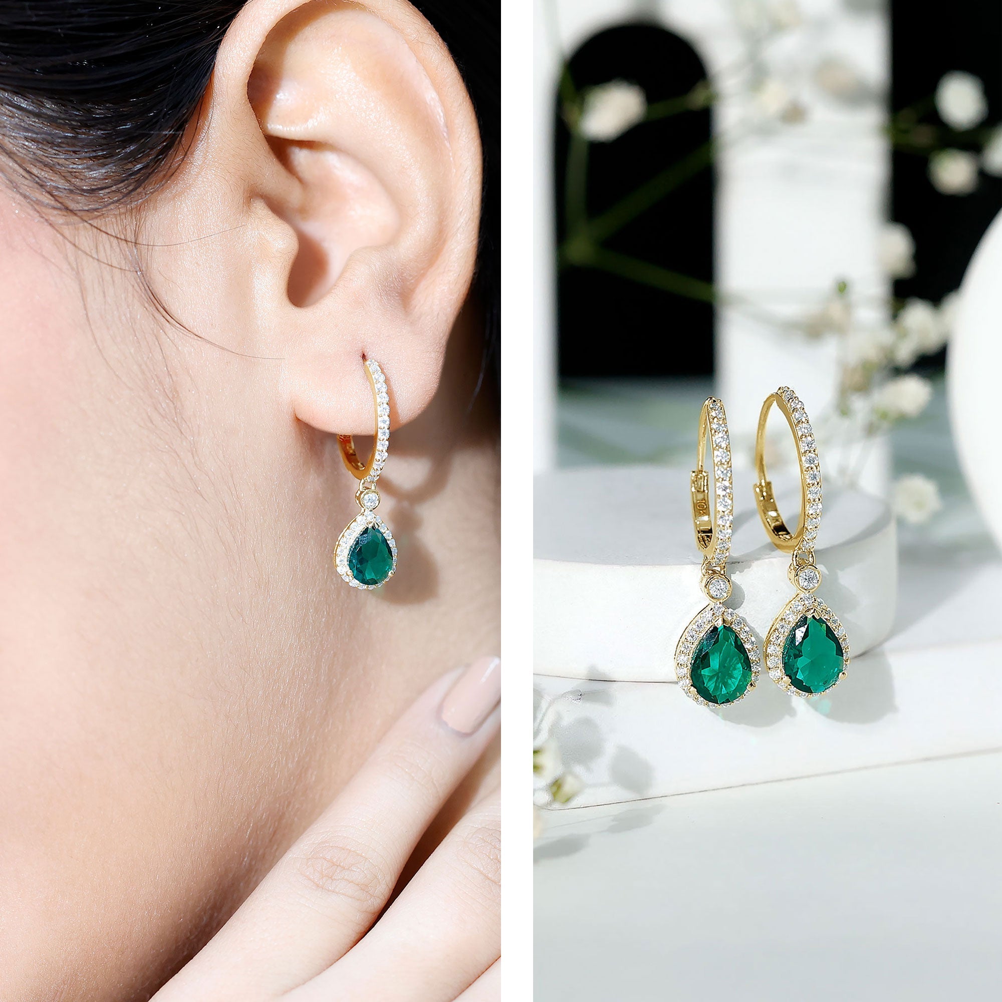 Emerald Hoop Earrings – Lab Grown Emerald Drop With Moissanite Halo Accent