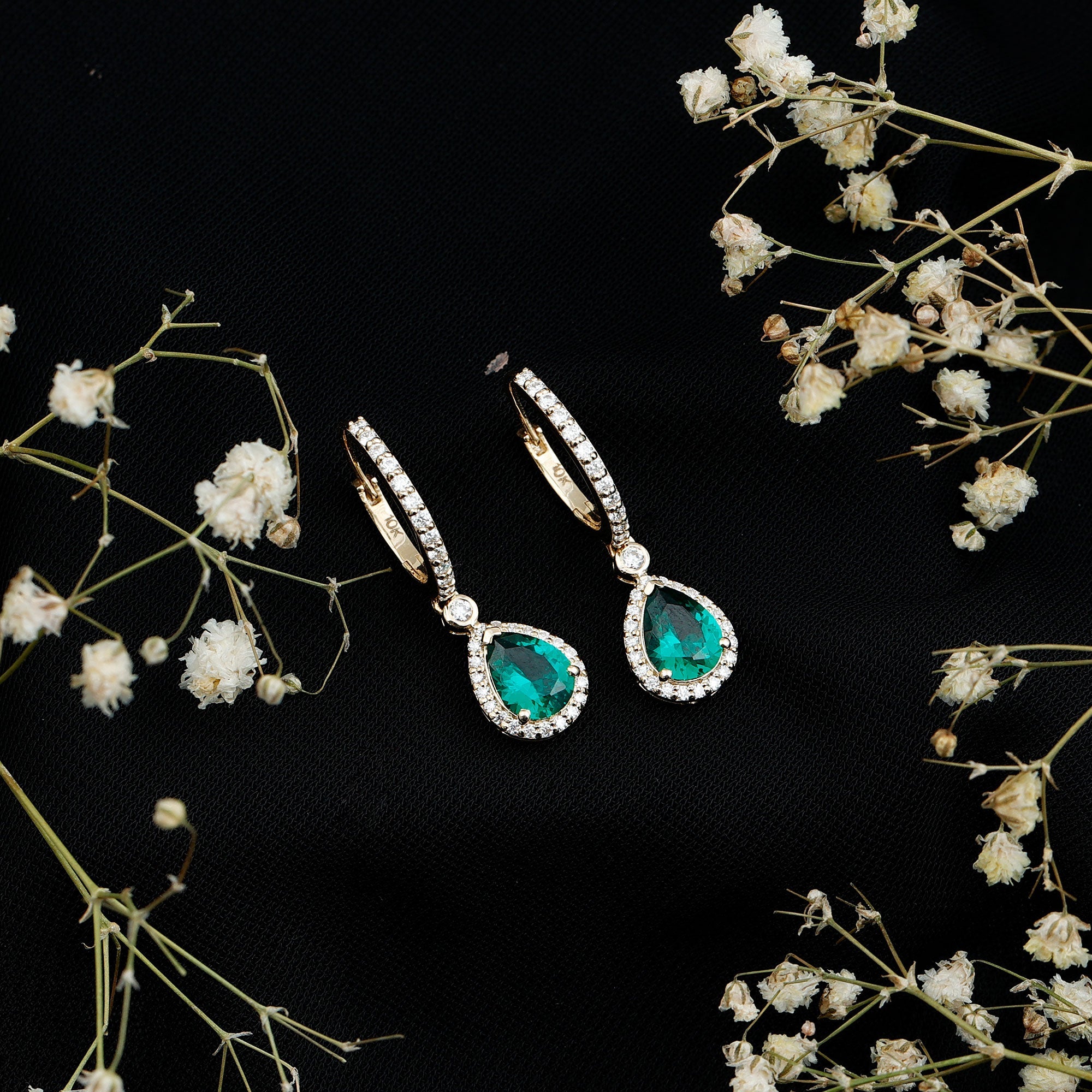 Emerald Hoop Earrings – Lab Grown Emerald Drop With Moissanite Halo Accent