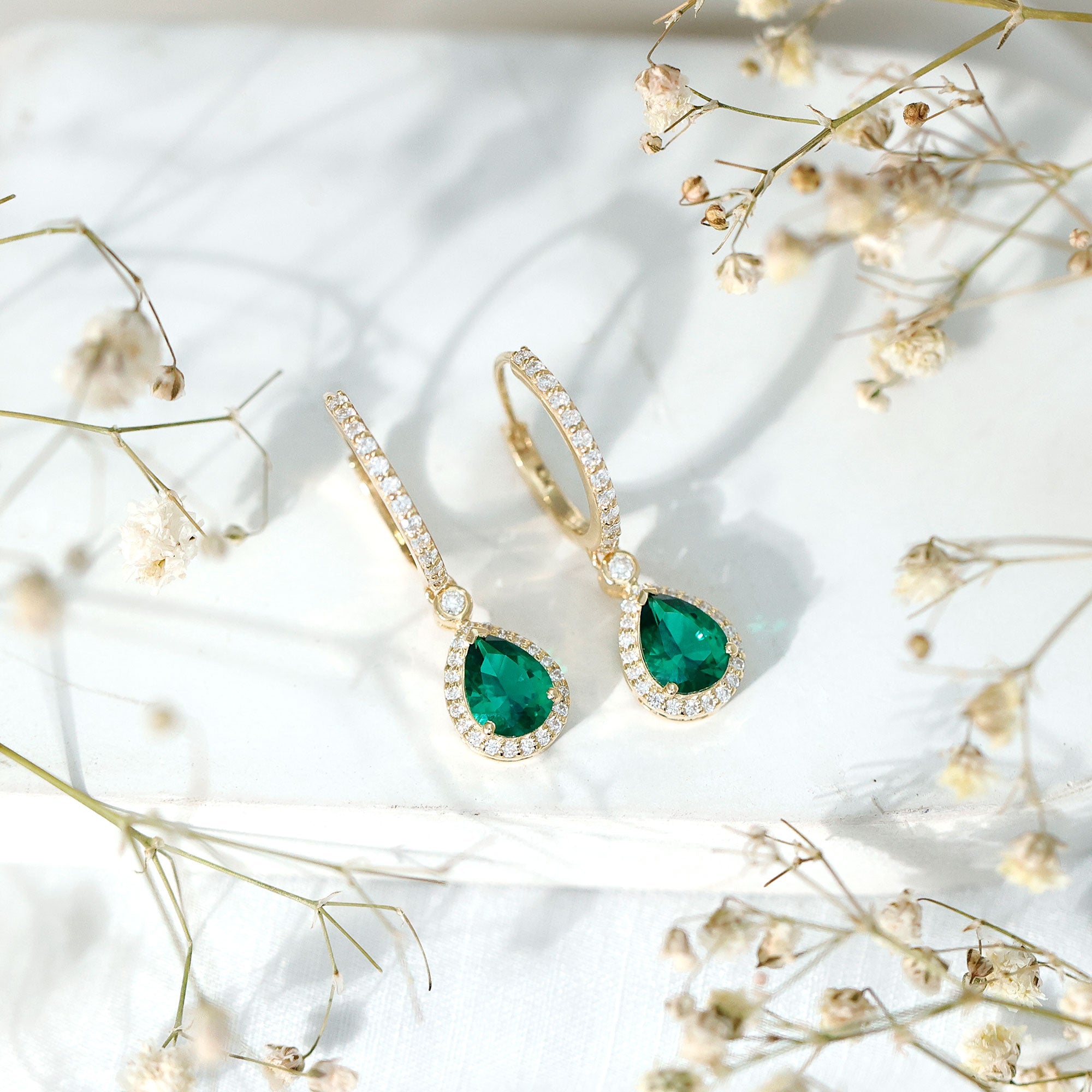 Emerald Hoop Earrings – Lab Grown Emerald Drop With Moissanite Halo Accent