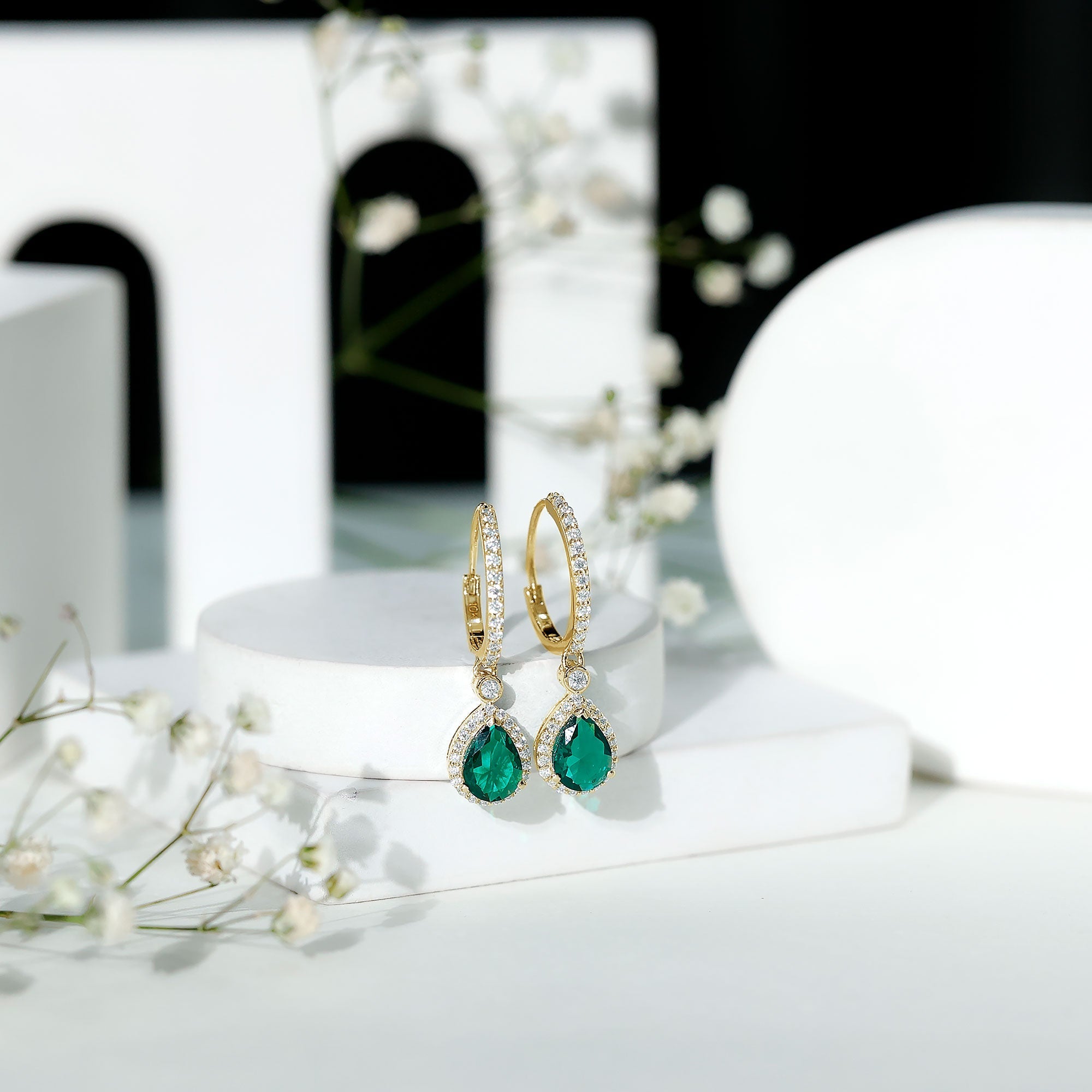 Emerald Hoop Earrings – Lab Grown Emerald Drop With Moissanite Halo Accent