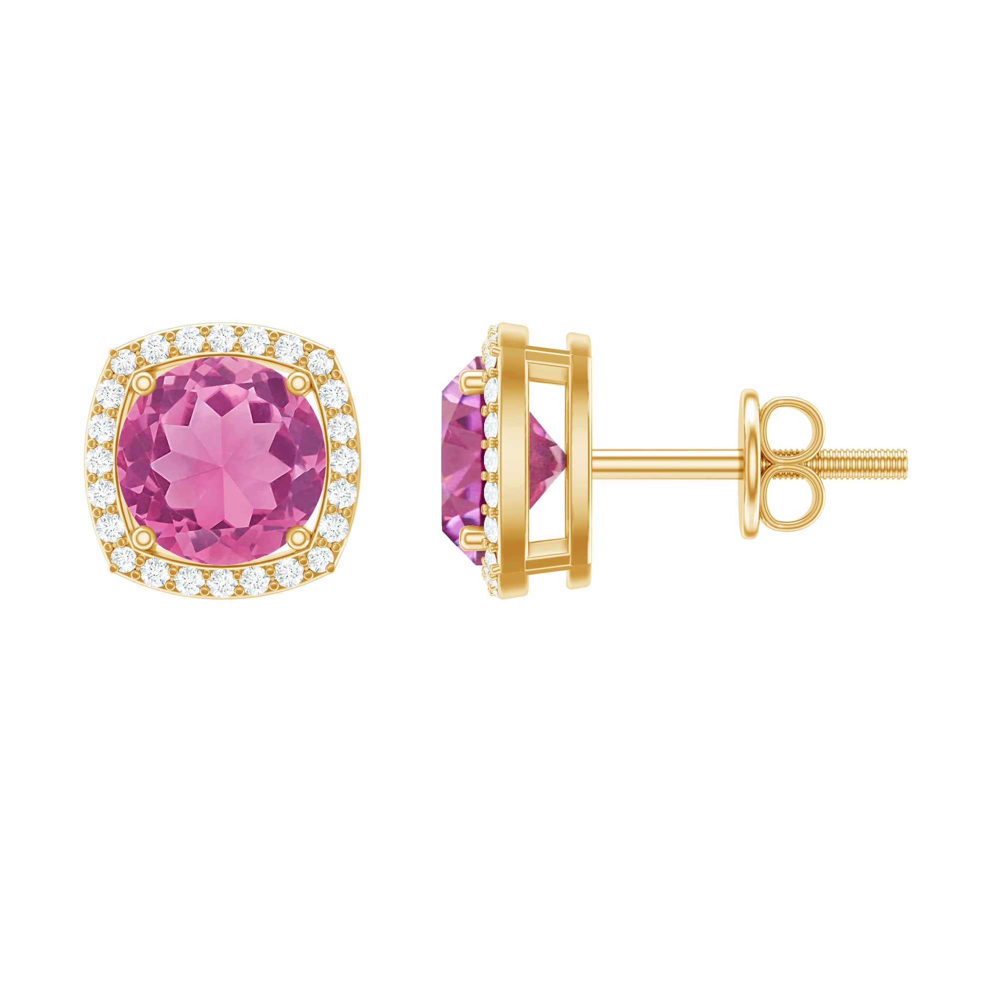 Pink Tourmaline Earrings – Diamond Halo Studs With Secure Screw Back Closure