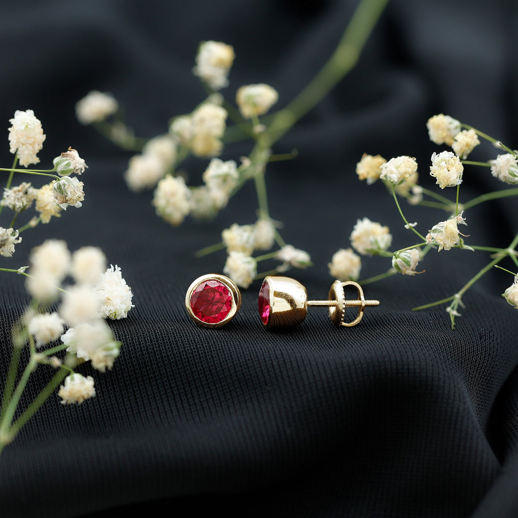 Lab Grown Ruby Solitaire Stud Earrings in Bezel Setting