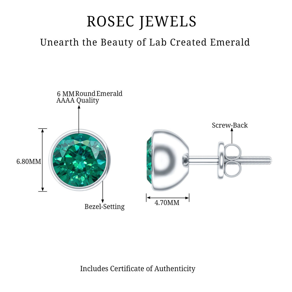 Lab Grown Emerald Earrings – Bezel Set Solitaire Studs 6MM Green AAAA Quality
