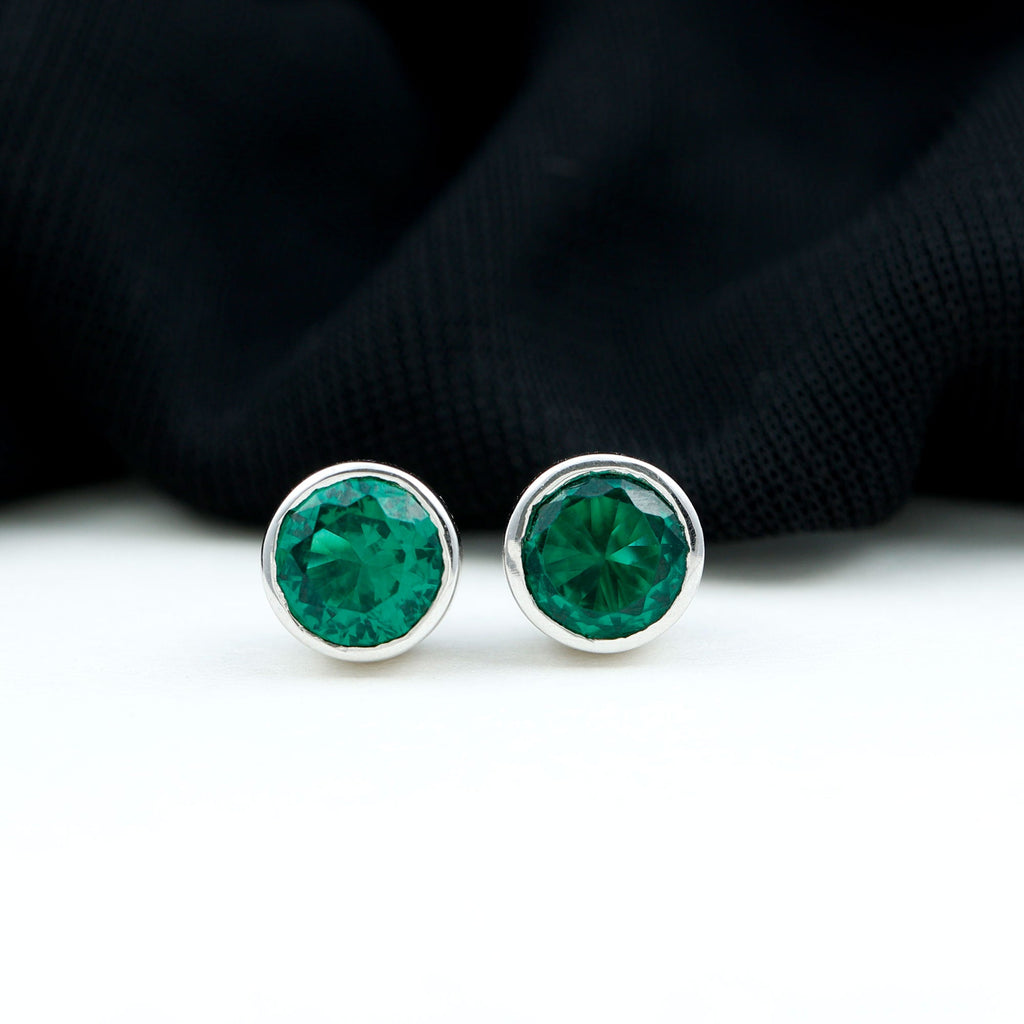 Lab Grown Emerald Earrings – Bezel Set Solitaire Studs 6MM Green AAAA Quality