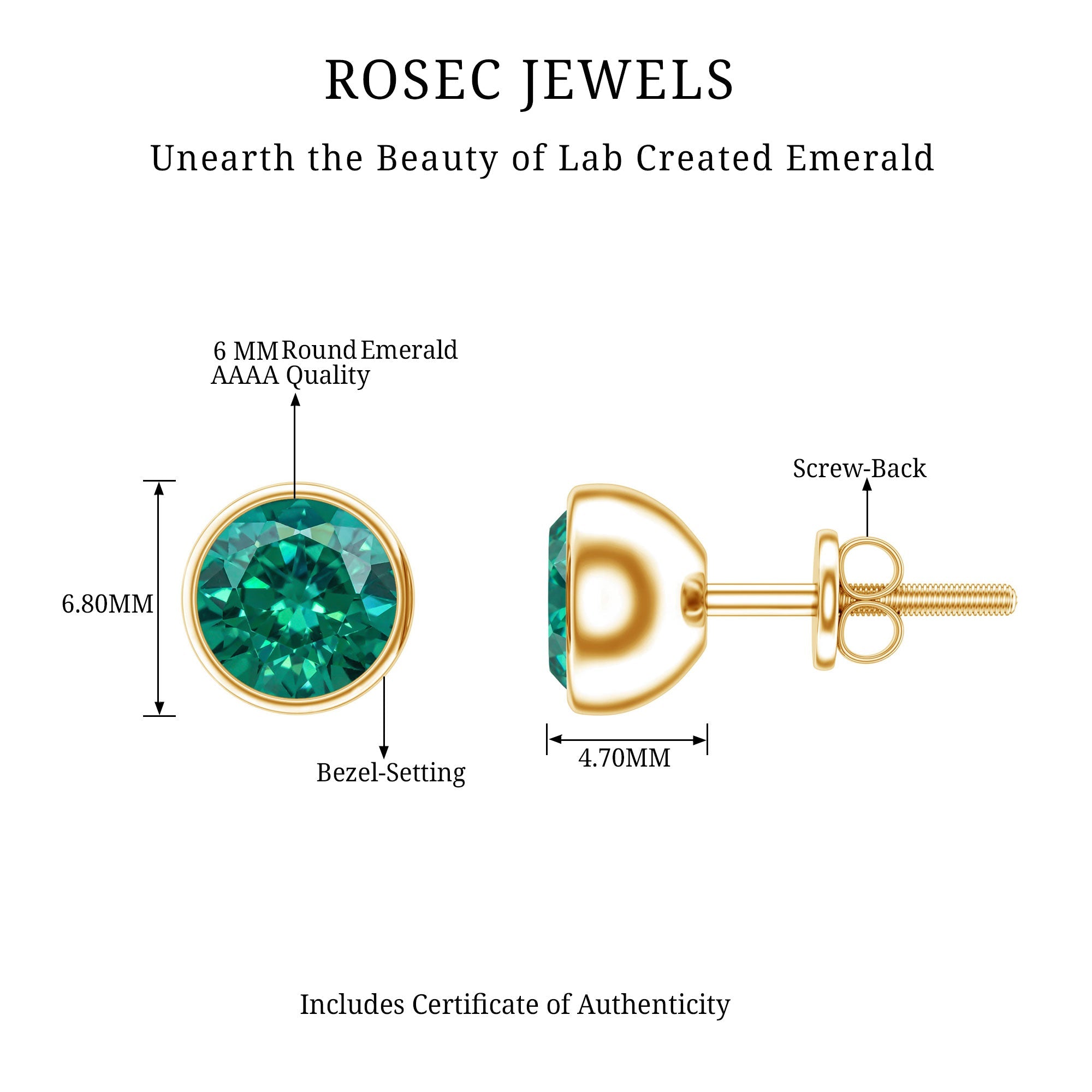 Lab Grown Emerald Earrings – Bezel Set Solitaire Studs 6MM Green AAAA Quality