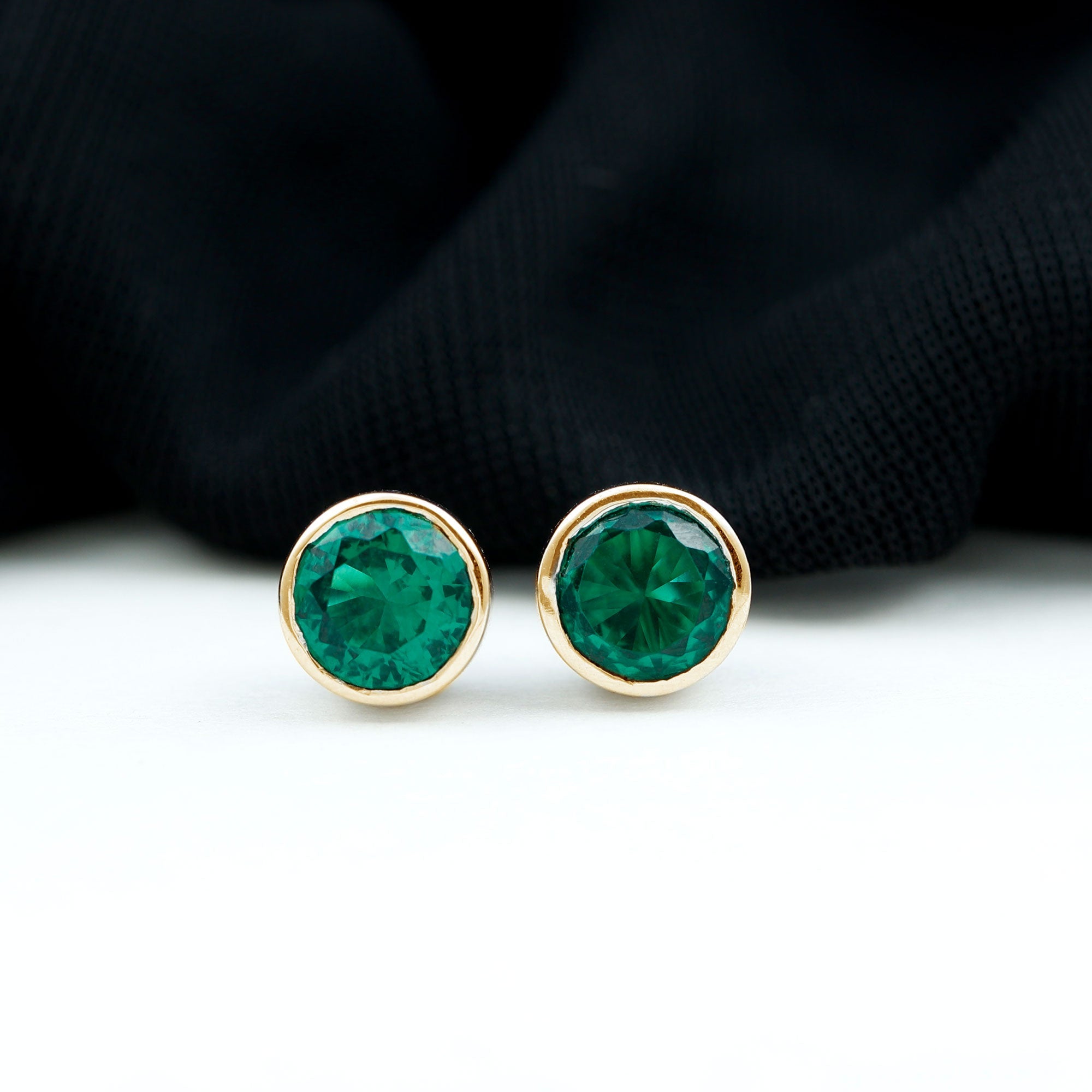Lab Grown Emerald Earrings – Bezel Set Solitaire Studs 6MM Green AAAA Quality