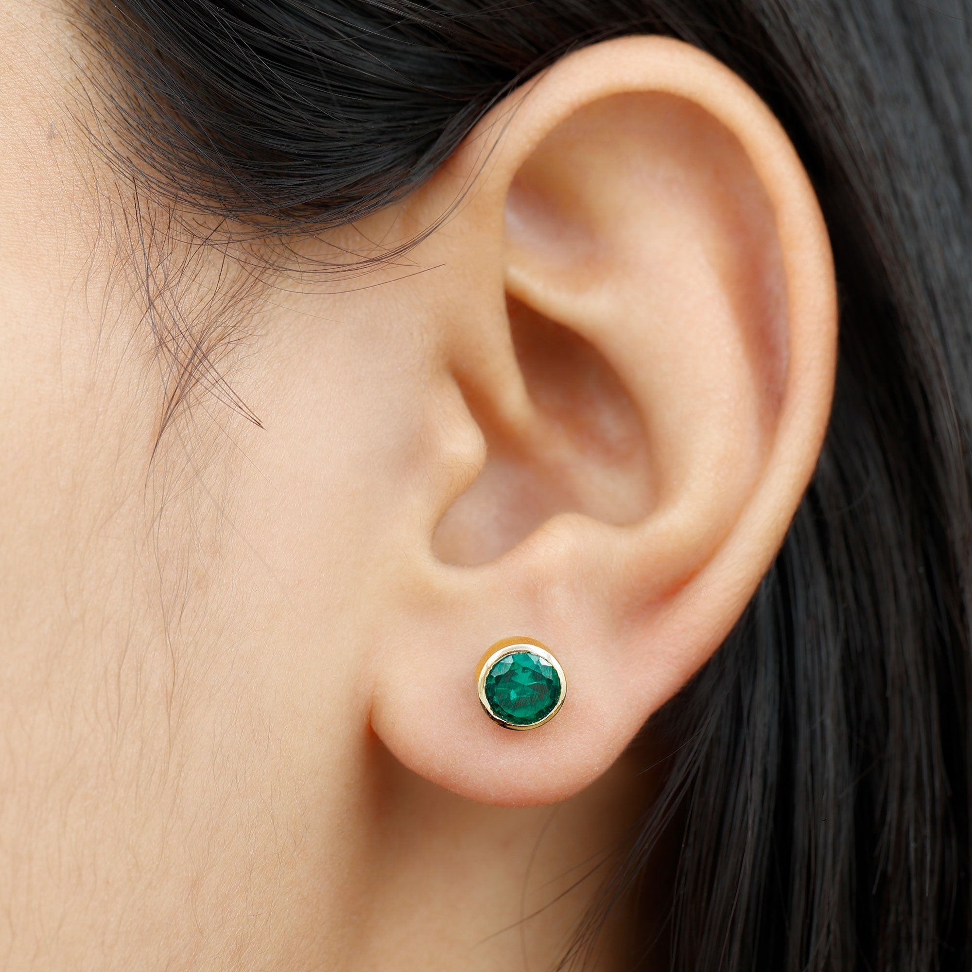Lab Grown Emerald Earrings – Bezel Set Solitaire Studs 6MM Green AAAA Quality