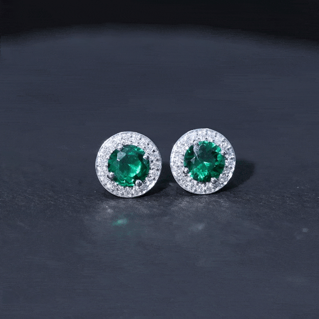 Emerald Diamond Stud Earrings – 6mm Round Halo Studs | Lab Grown Prong Setting