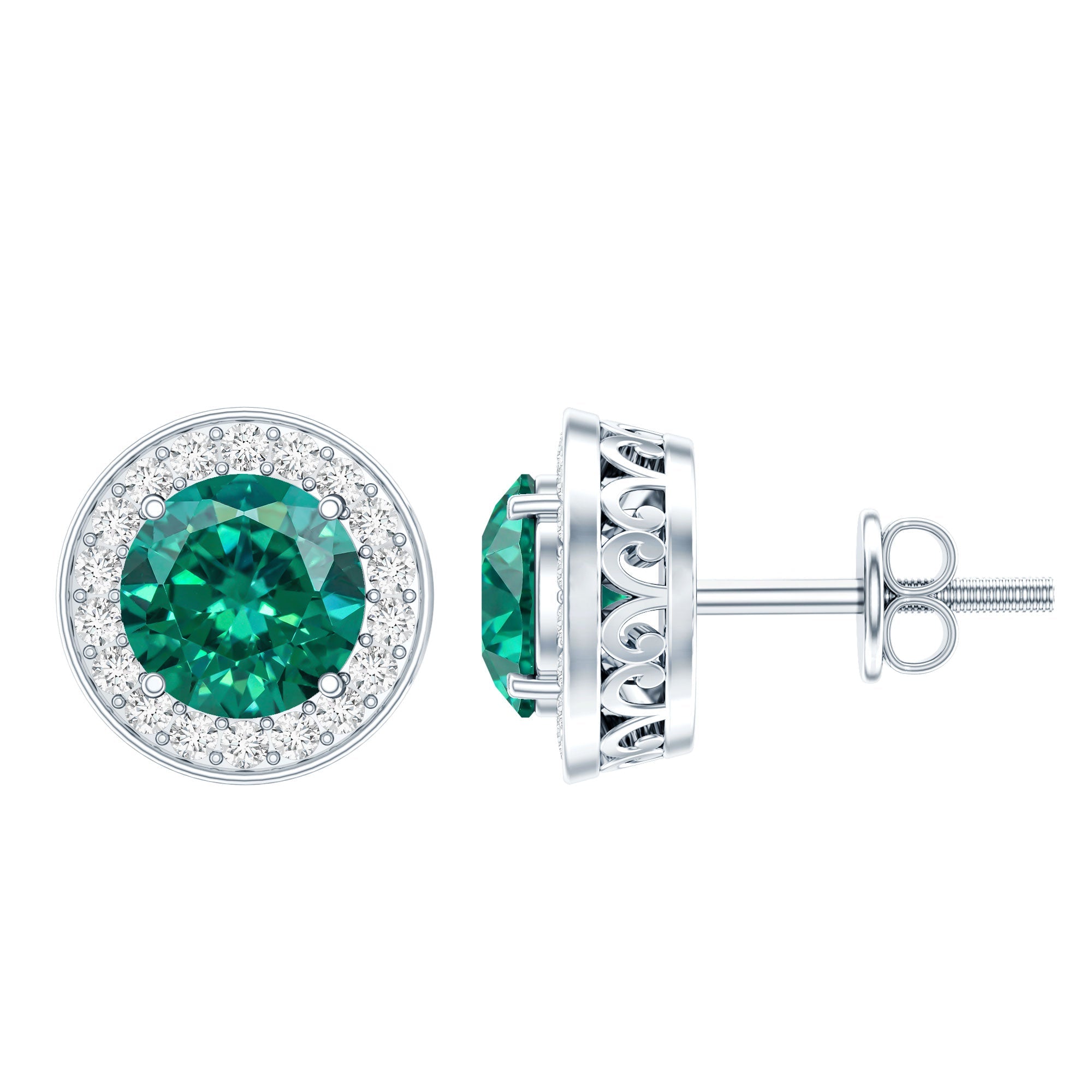 Emerald Diamond Stud Earrings – 6mm Round Halo Studs | Lab Grown Prong Setting