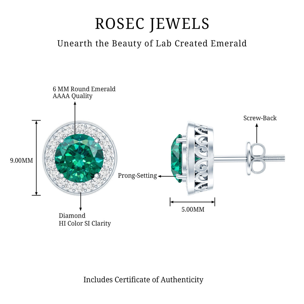 Emerald Diamond Stud Earrings – 6mm Round Halo Studs | Lab Grown Prong Setting