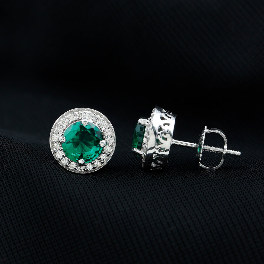Emerald Diamond Stud Earrings – 6mm Round Halo Studs | Lab Grown Prong Setting
