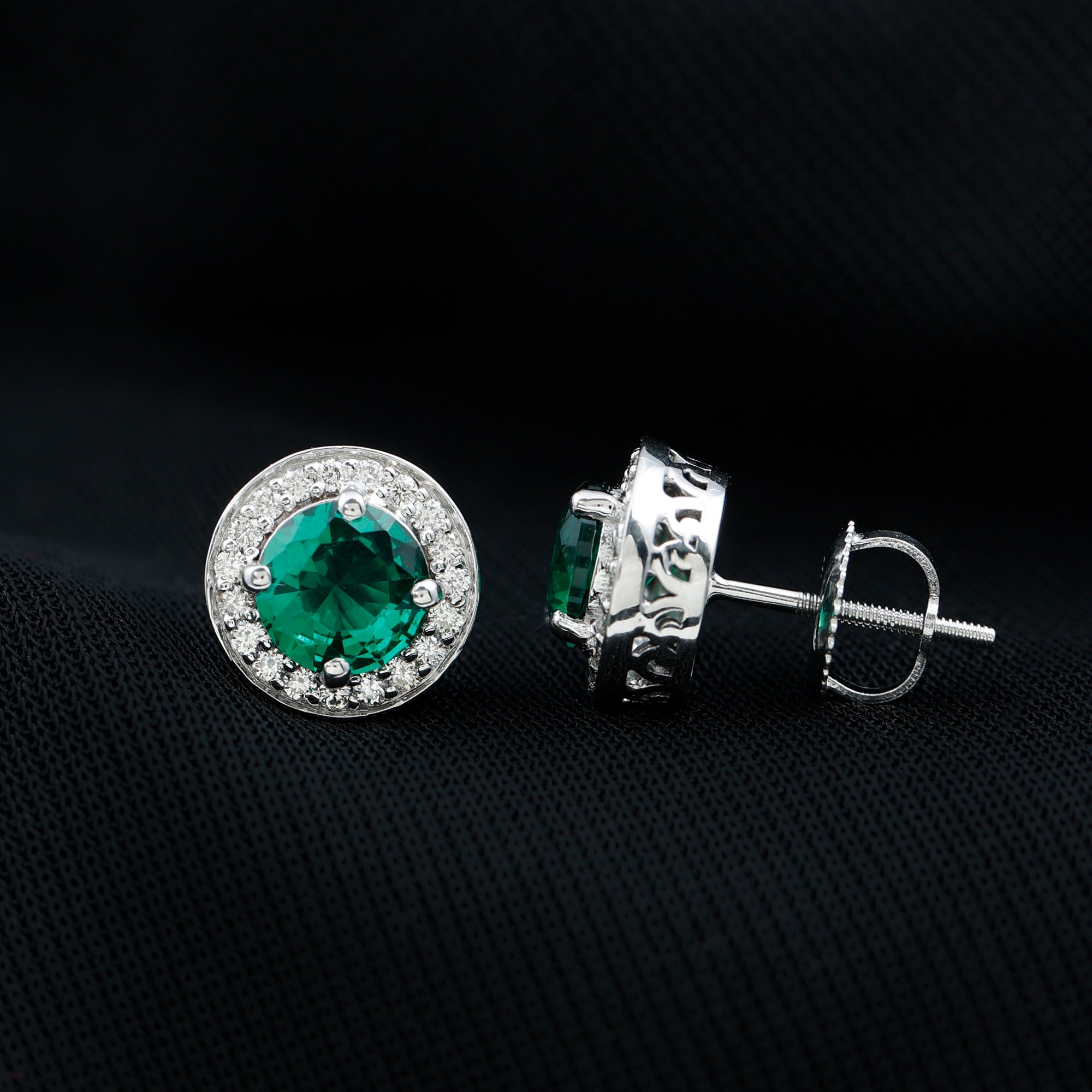 Emerald Diamond Stud Earrings – 6mm Round Halo Studs | Lab Grown Prong Setting