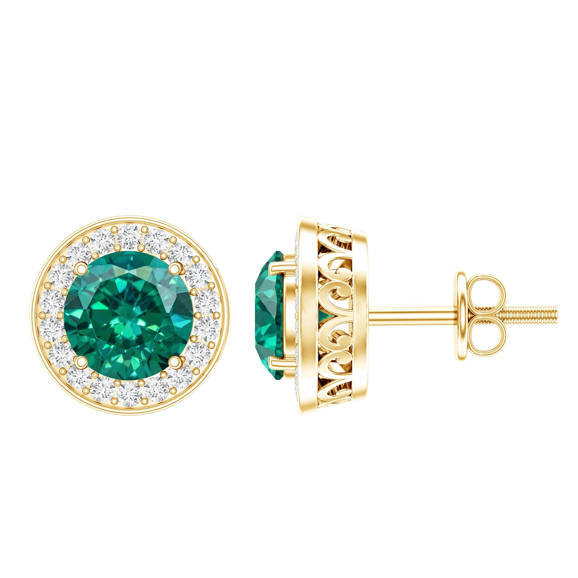 Emerald Diamond Stud Earrings – 6mm Round Halo Studs | Lab Grown Prong Setting