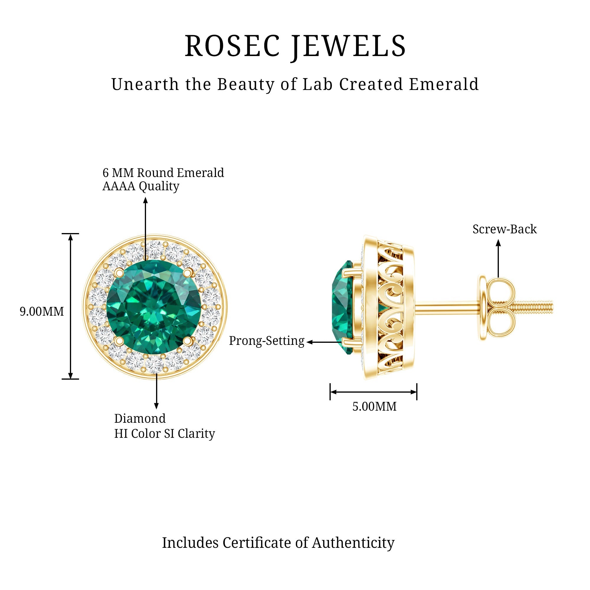 Emerald Diamond Stud Earrings – 6mm Round Halo Studs | Lab Grown Prong Setting
