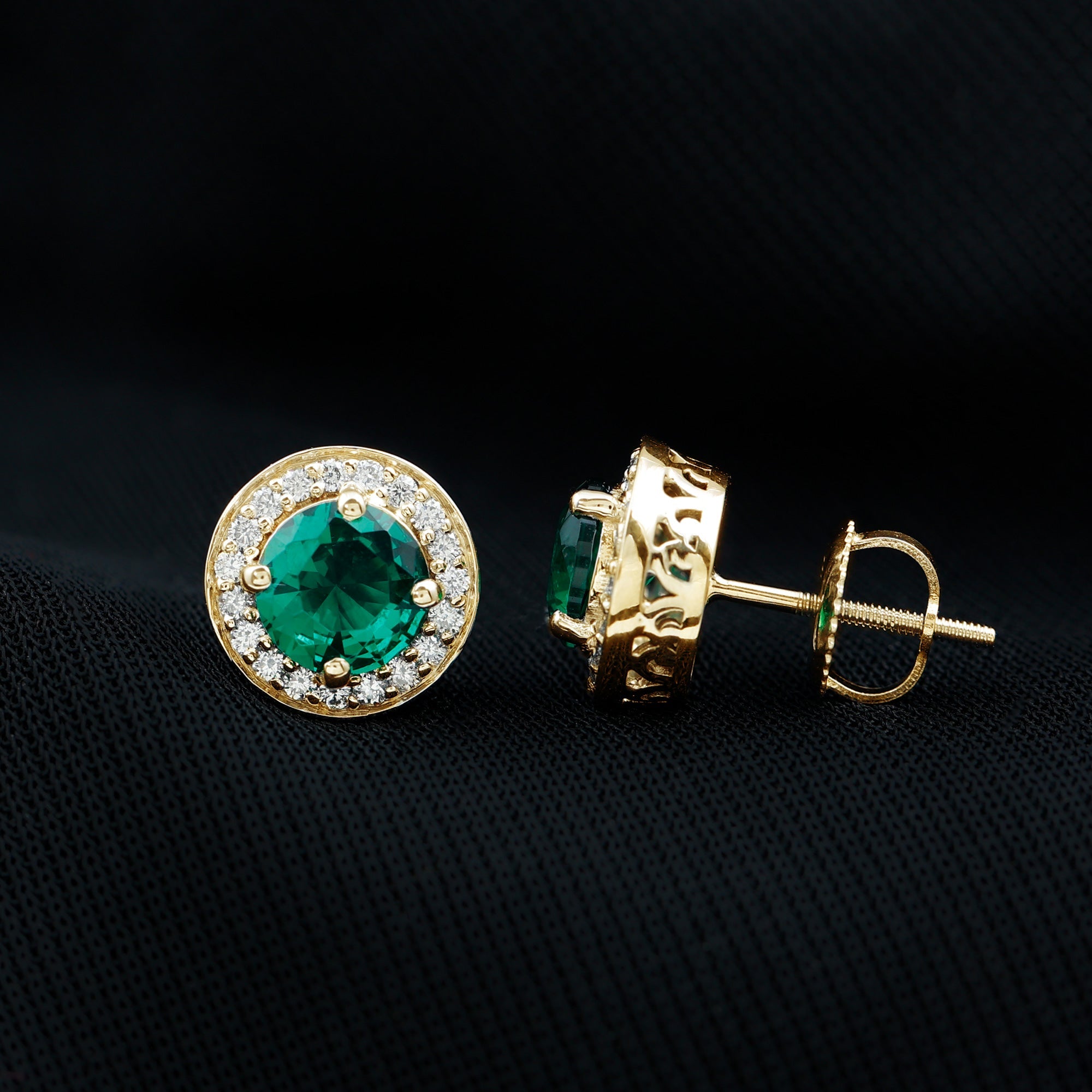 Emerald Diamond Stud Earrings – 6mm Round Halo Studs | Lab Grown Prong Setting
