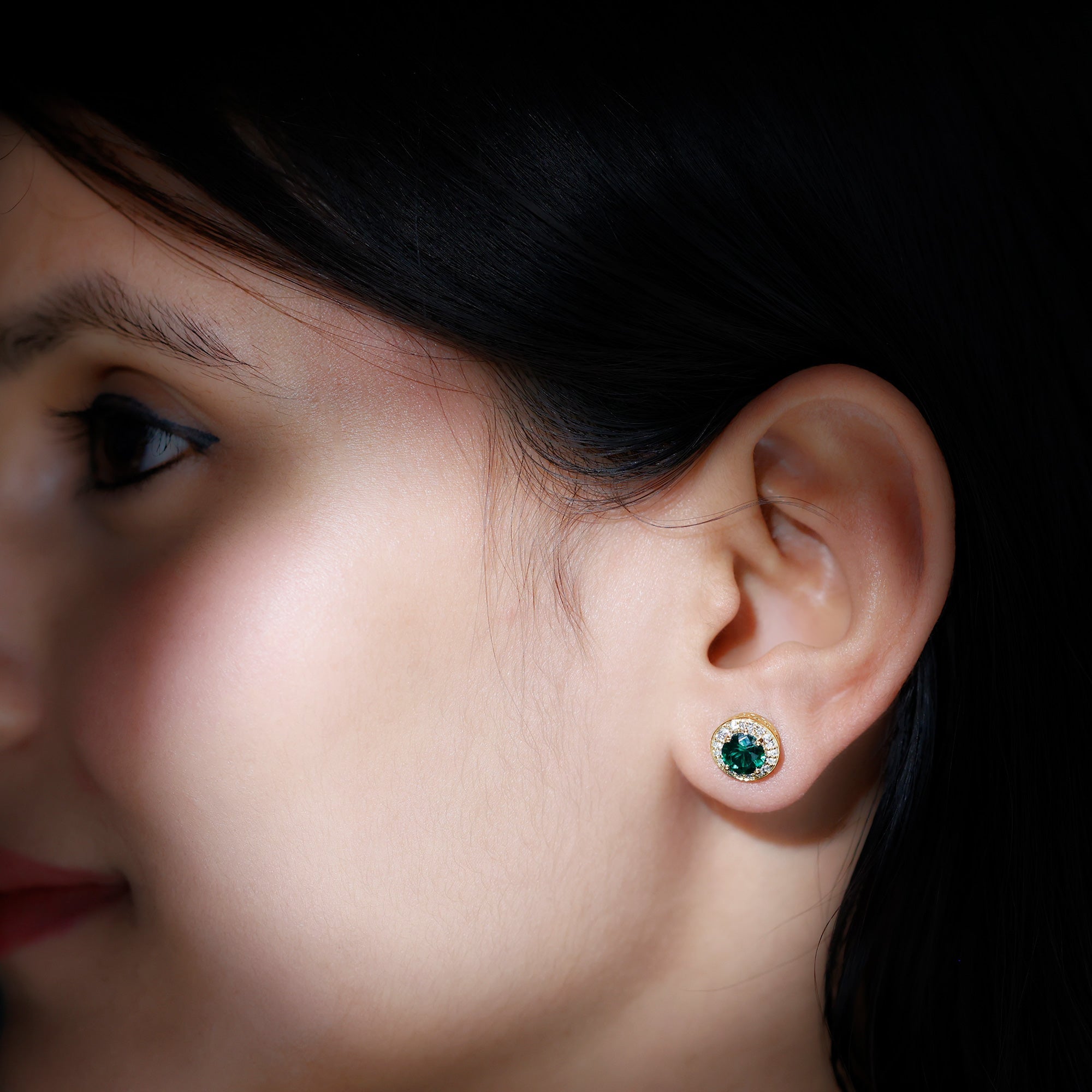 Emerald Diamond Stud Earrings – 6mm Round Halo Studs | Lab Grown Prong Setting