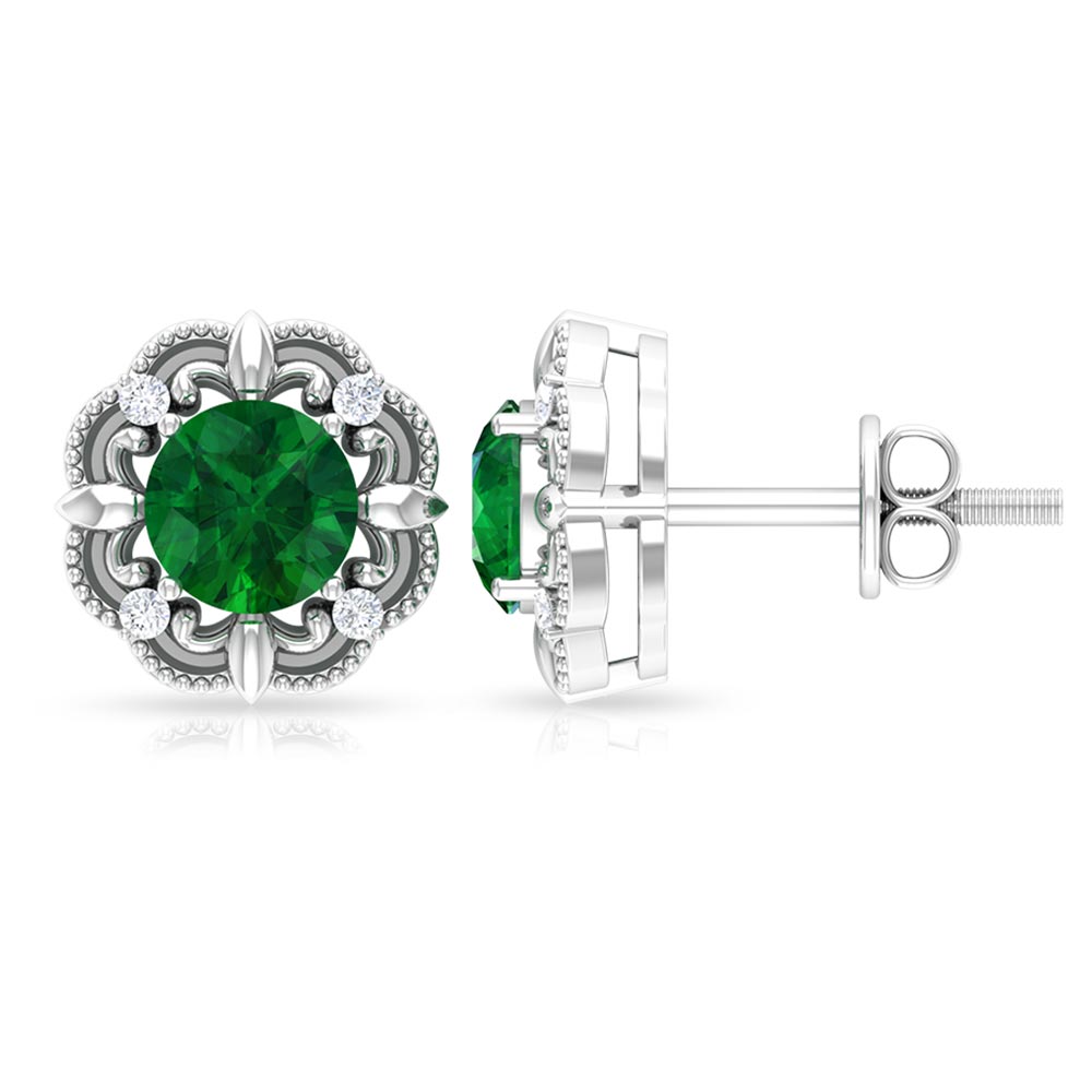 Emerald Diamond Earrings - Vintage Emerald Studs with Screw Back & Beaded Detail