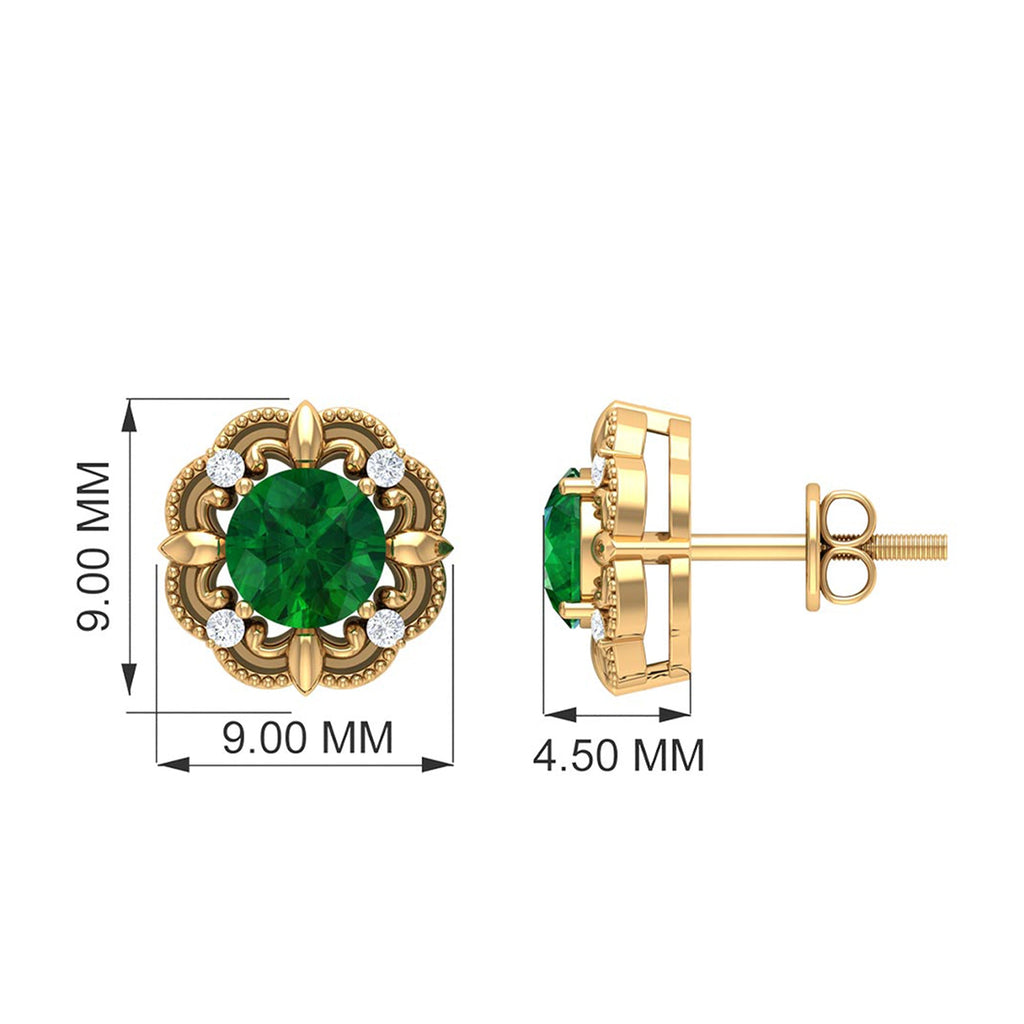 Emerald Diamond Earrings - Vintage Emerald Studs with Screw Back & Beaded Detail