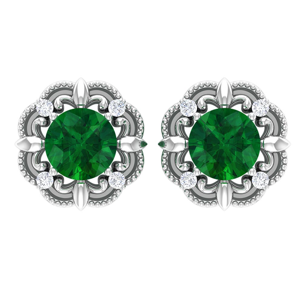 Emerald Diamond Earrings - Vintage Emerald Studs with Screw Back & Beaded Detail