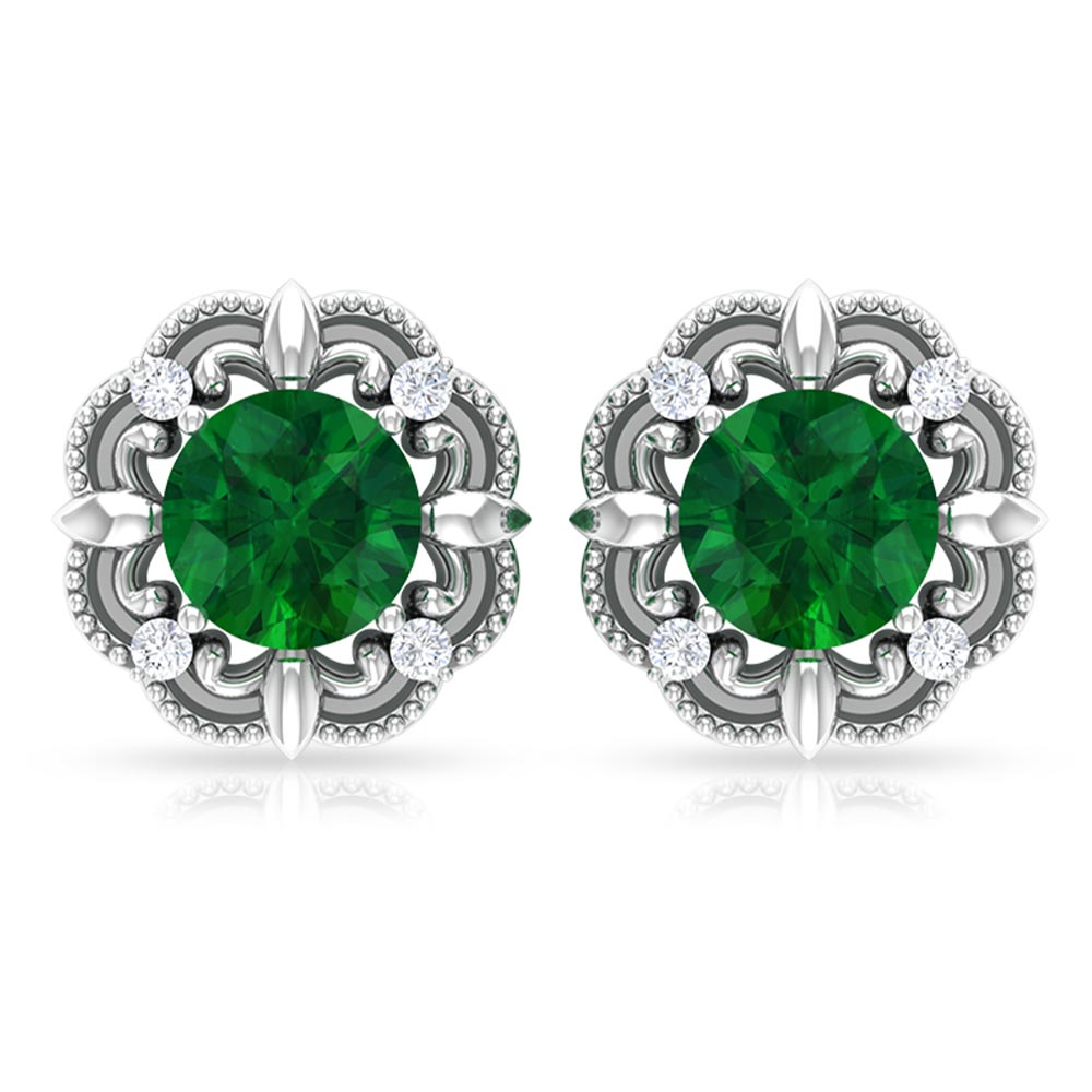 Emerald Diamond Earrings - Vintage Emerald Studs with Screw Back & Beaded Detail
