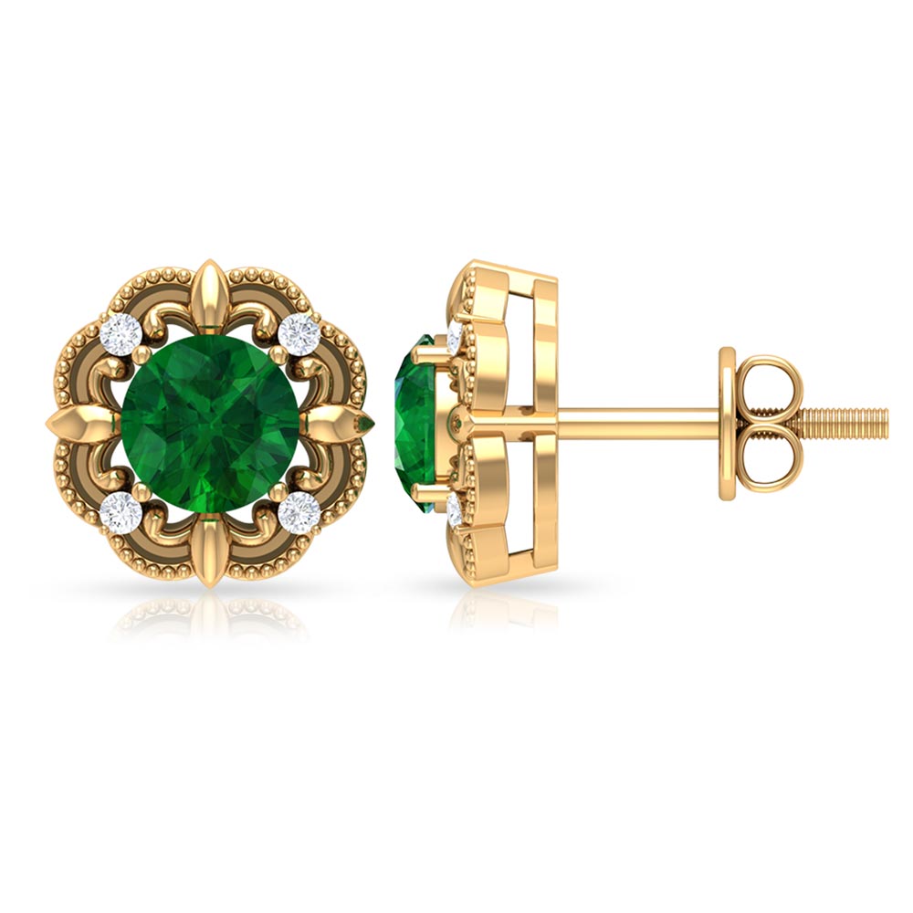 Emerald Diamond Earrings - Vintage Emerald Studs with Screw Back & Beaded Detail