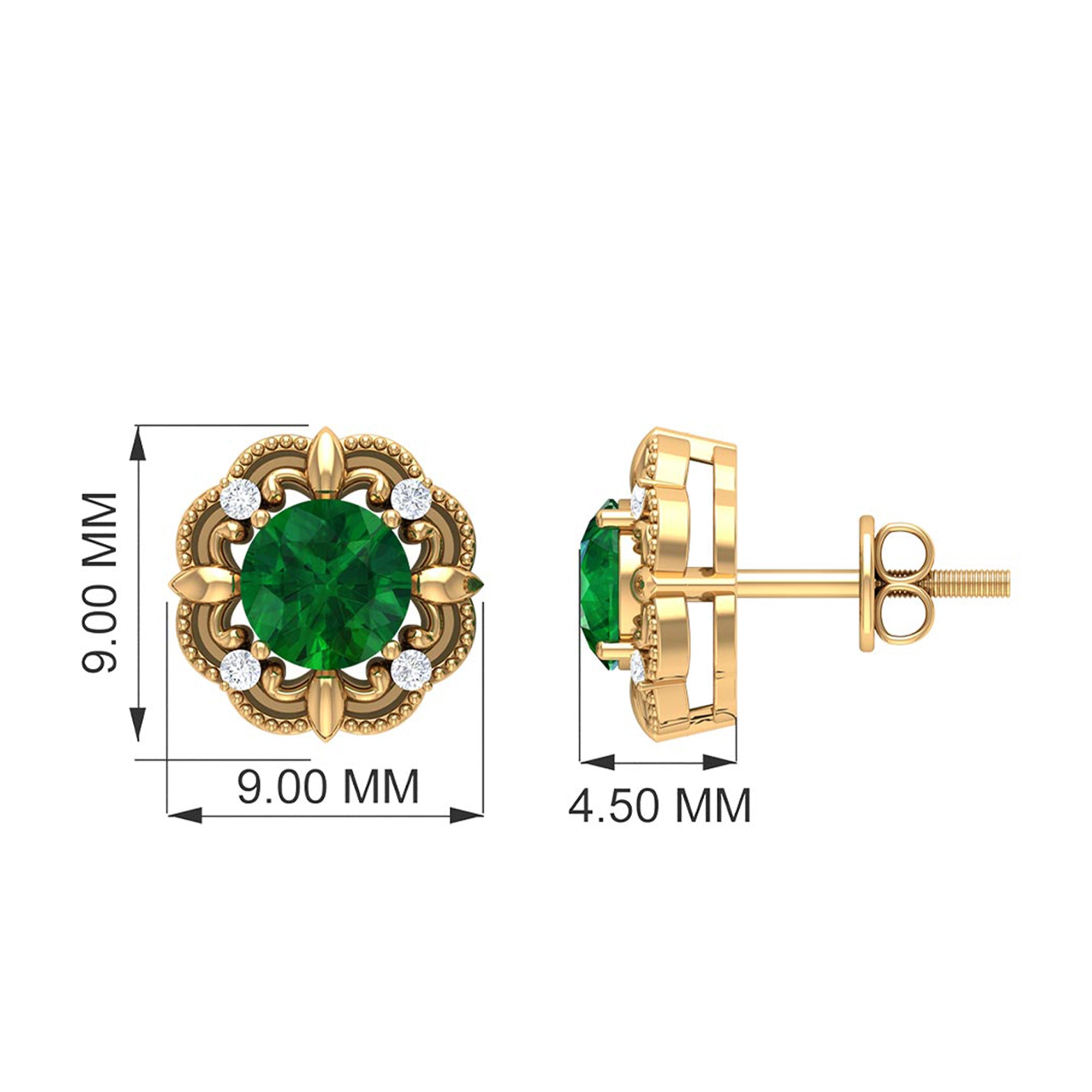 Emerald Diamond Earrings - Vintage Emerald Studs with Screw Back & Beaded Detail