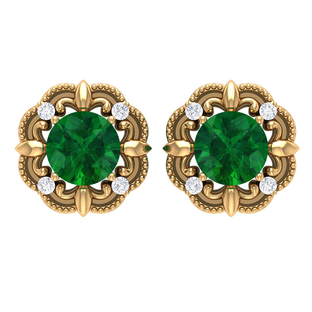 Emerald Diamond Earrings - Vintage Emerald Studs with Screw Back & Beaded Detail