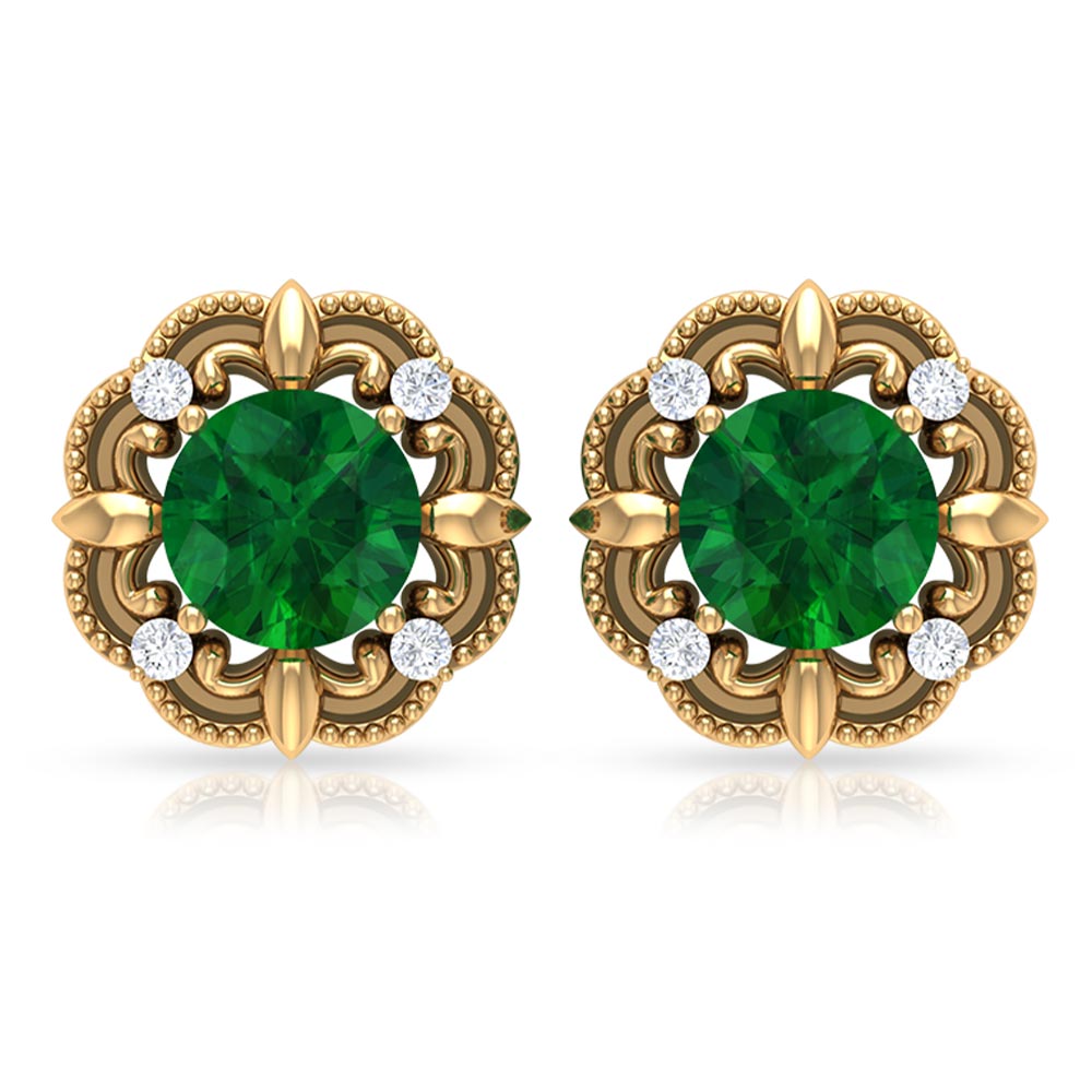 Emerald Diamond Earrings - Vintage Emerald Studs with Screw Back & Beaded Detail
