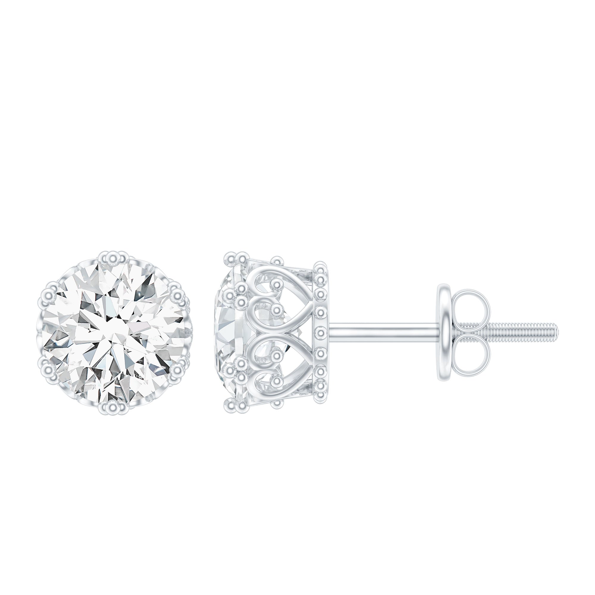 1 Carat Round Cubic Zirconia Crown Stud Earrings in Silver