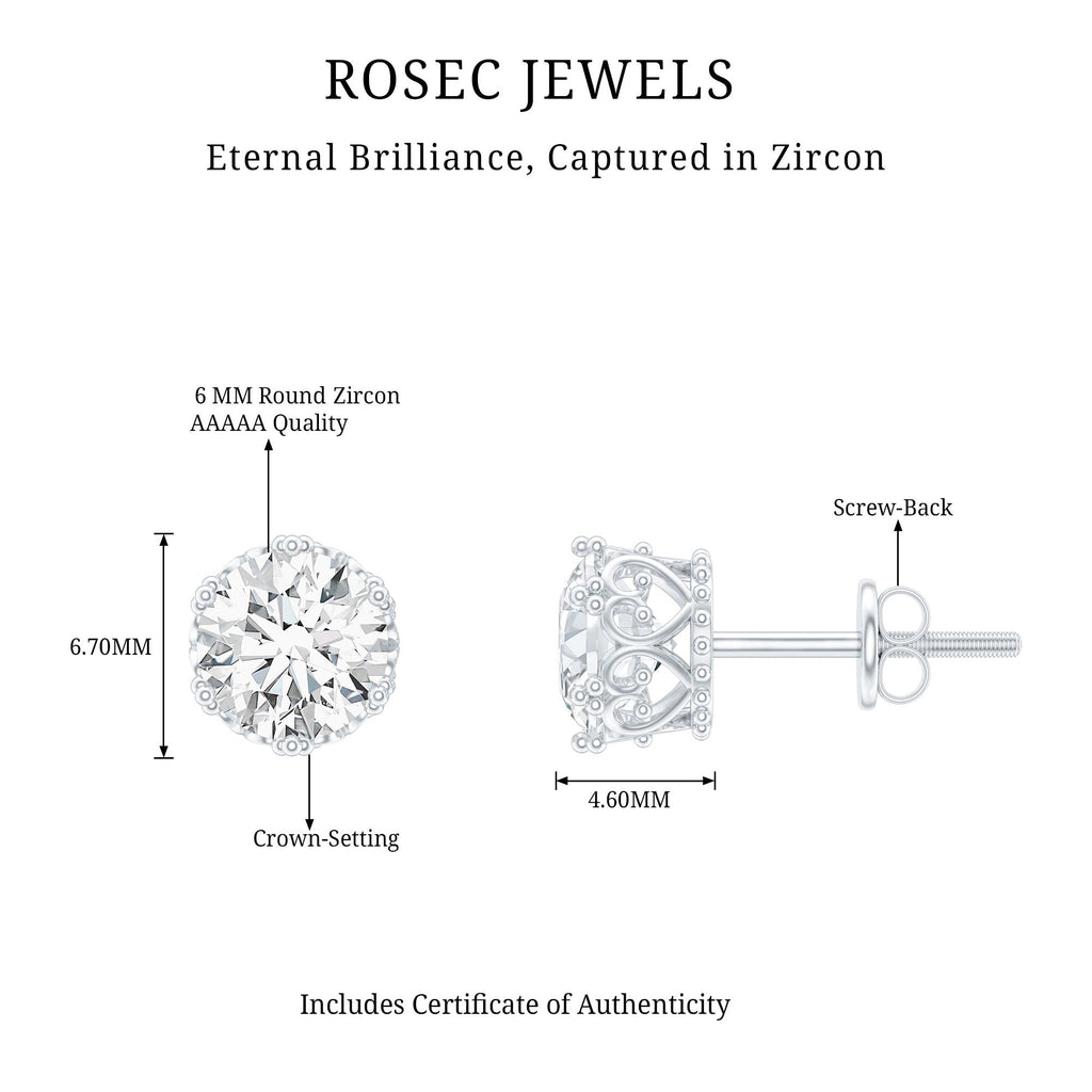 1 Carat Round Cubic Zirconia Crown Stud Earrings in Silver