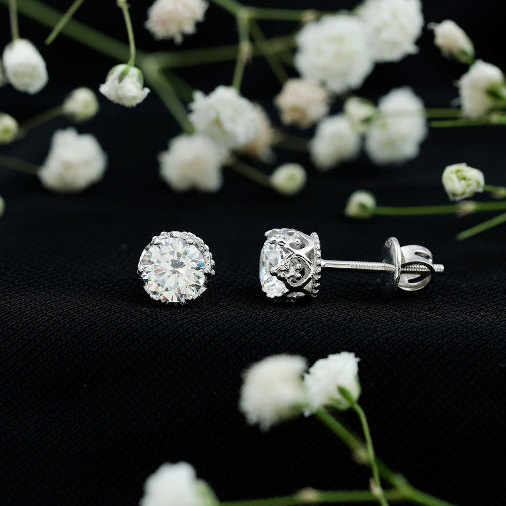 1 Carat Round Cubic Zirconia Crown Stud Earrings in Silver