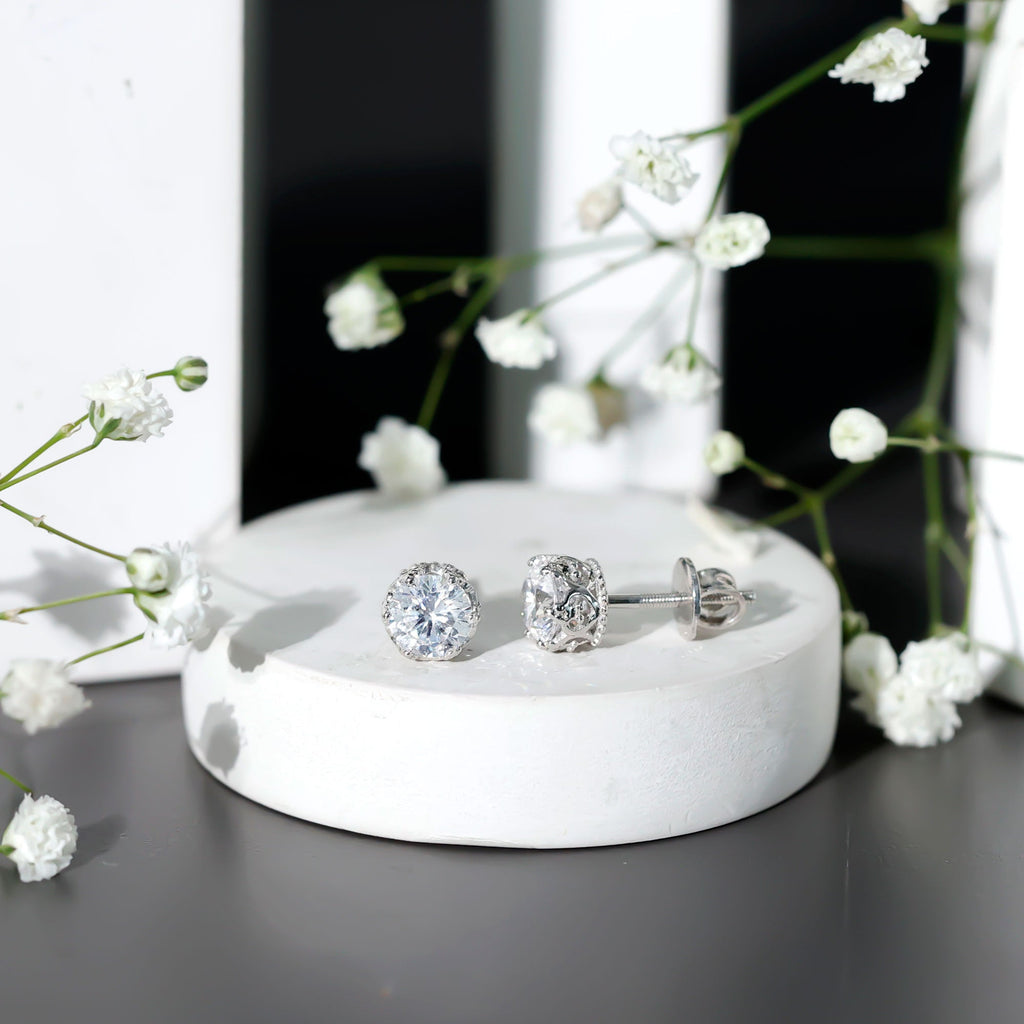 1 Carat Round Cubic Zirconia Crown Stud Earrings in Silver
