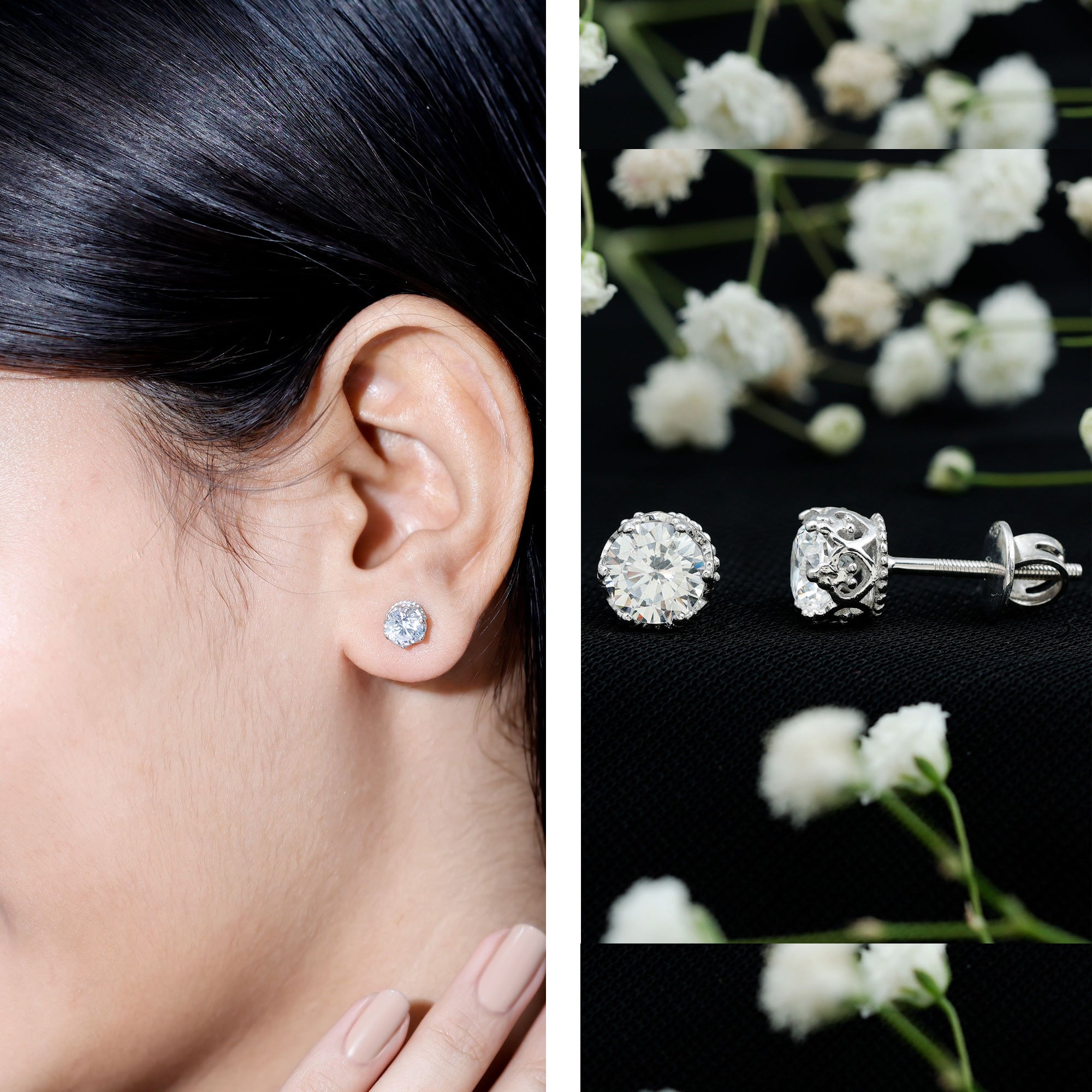 1 Carat Round Cubic Zirconia Crown Stud Earrings in Silver
