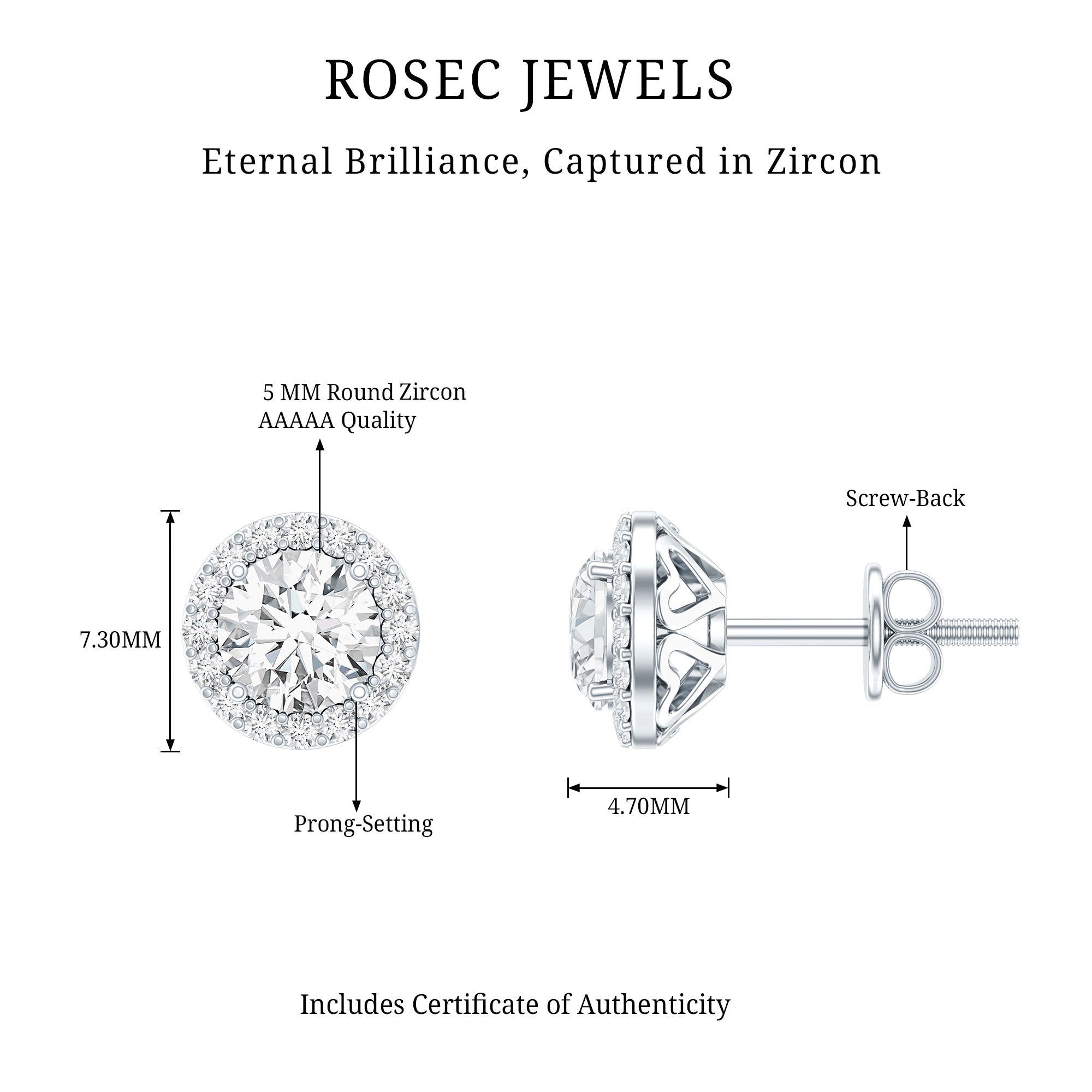 1 Carat CZ Earrings - Round Cut Halo Studs | Sterling Silver Jewelry, 14K White Gold Plated