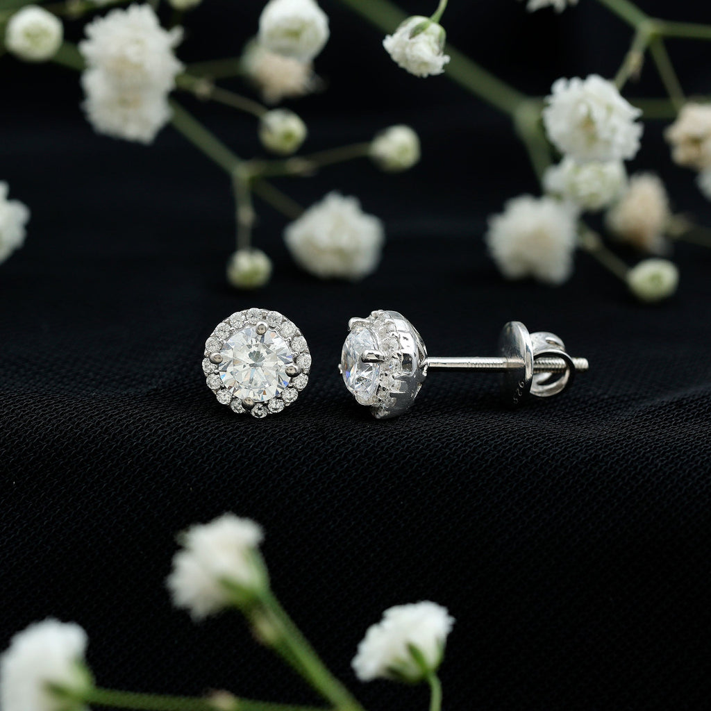 1 Carat CZ Earrings - Round Cut Halo Studs | Sterling Silver Jewelry, 14K White Gold Plated
