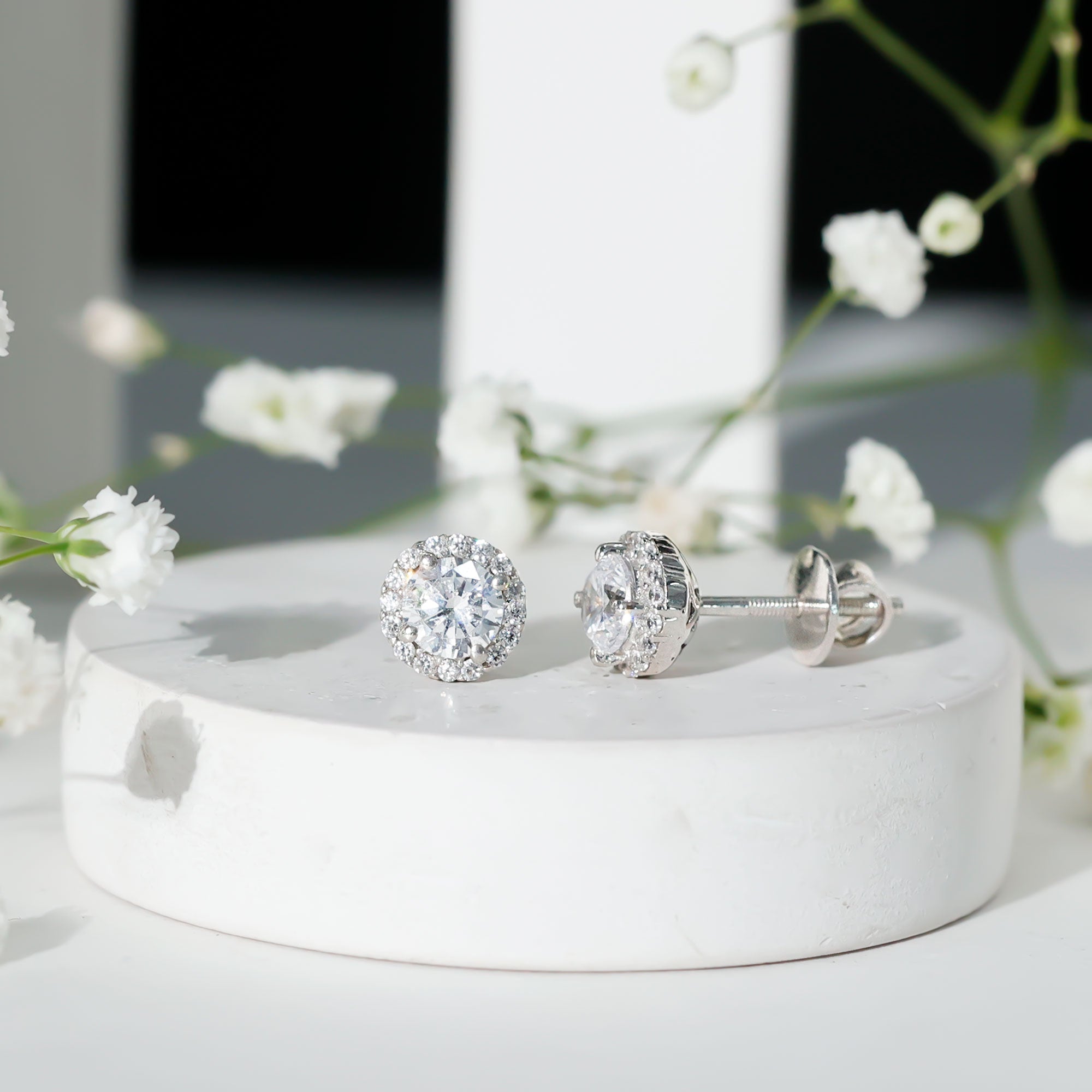 1 Carat CZ Earrings - Round Cut Halo Studs | Sterling Silver Jewelry, 14K White Gold Plated