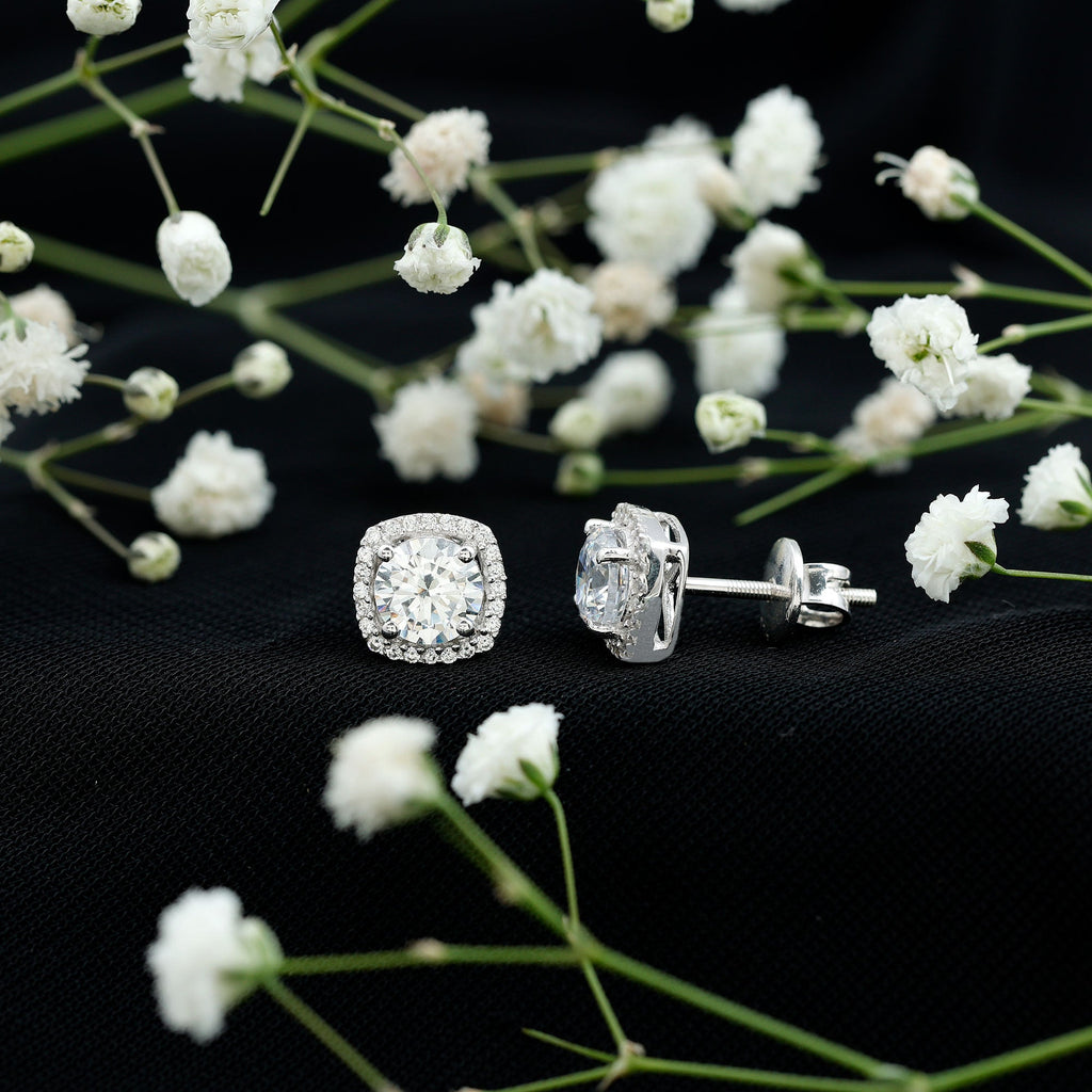 Cubic Zirconia Earrings – 2 Carat CZ Halo Stud Earrings in 14K Gold Plated Silver